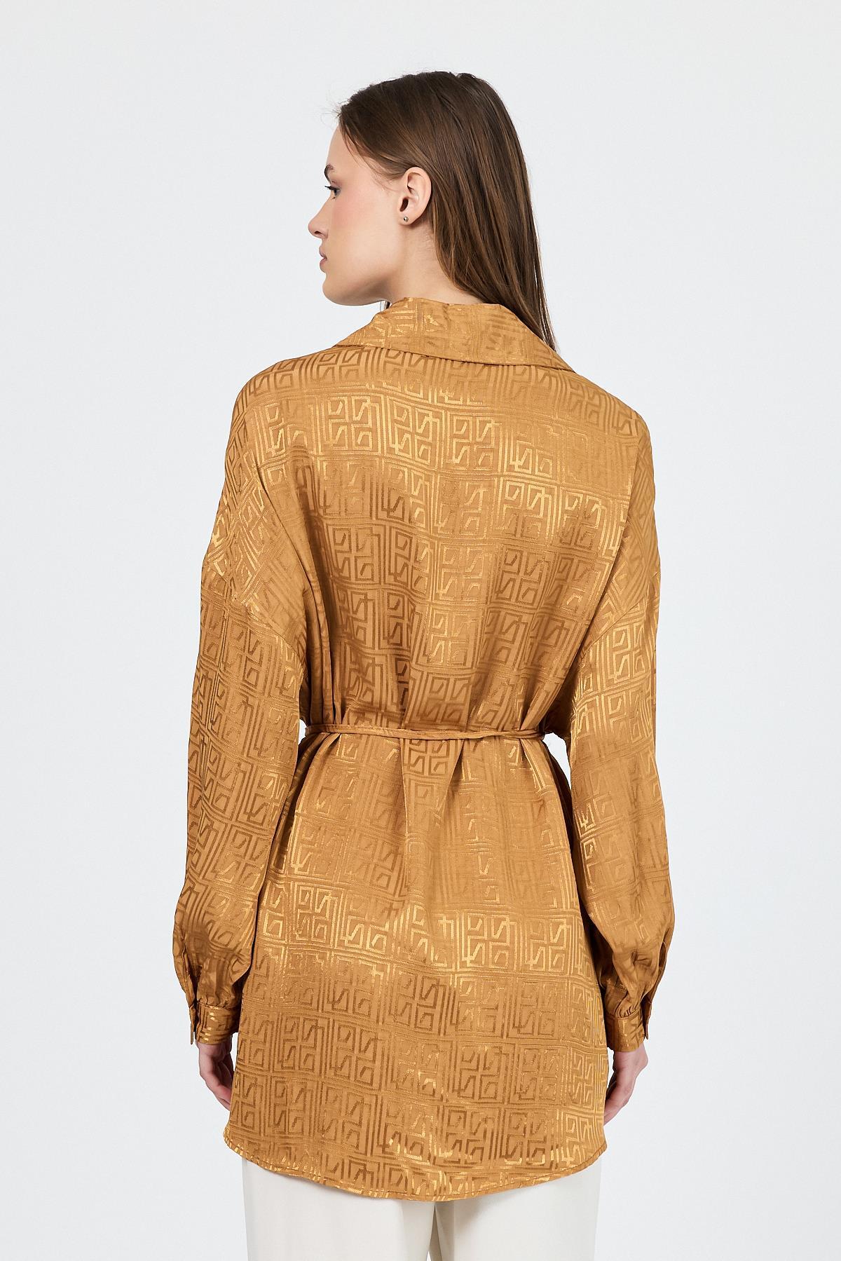 Camel Desenli Saten Görünümlü İp Bağlama Detaylı Gömlek 4293A - 5