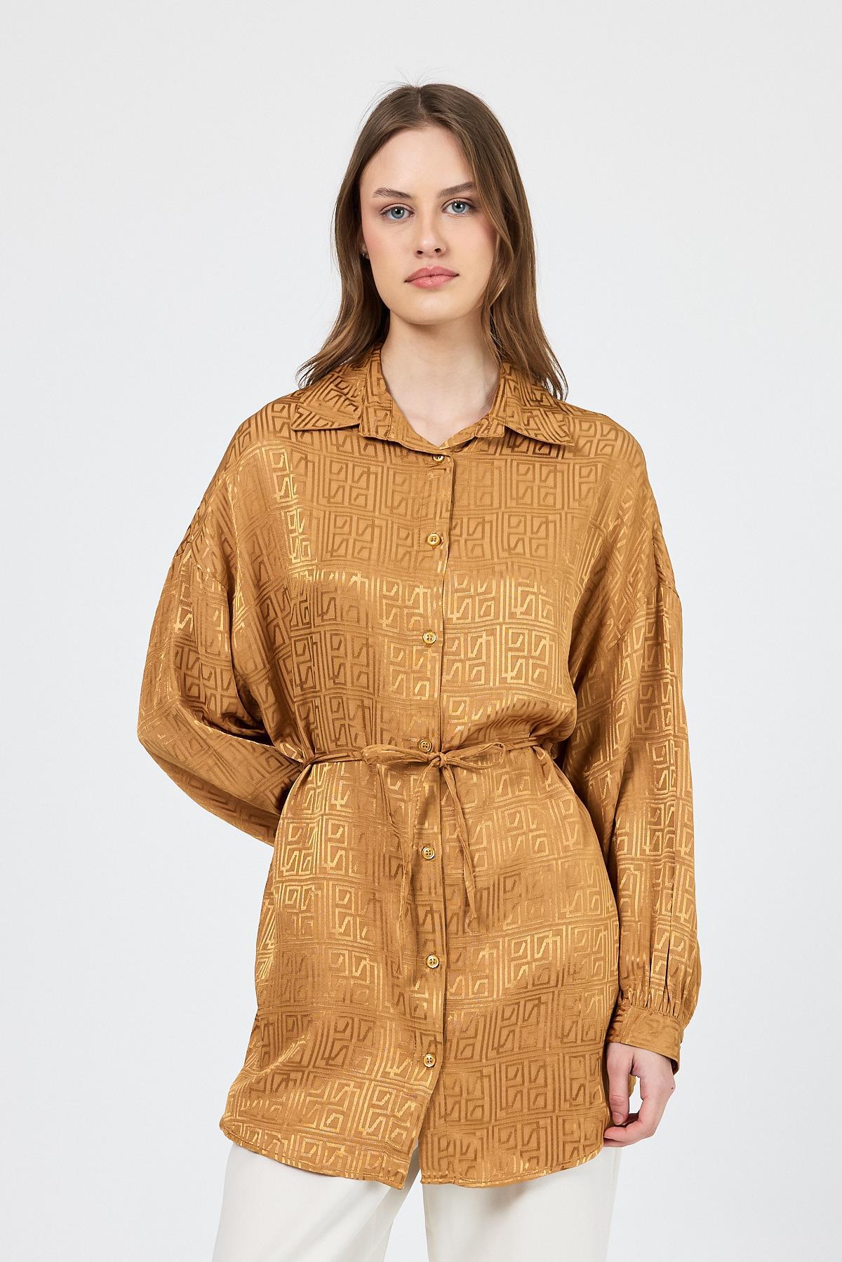 Camel Desenli Saten Görünümlü İp Bağlama Detaylı Gömlek 4293A - 7