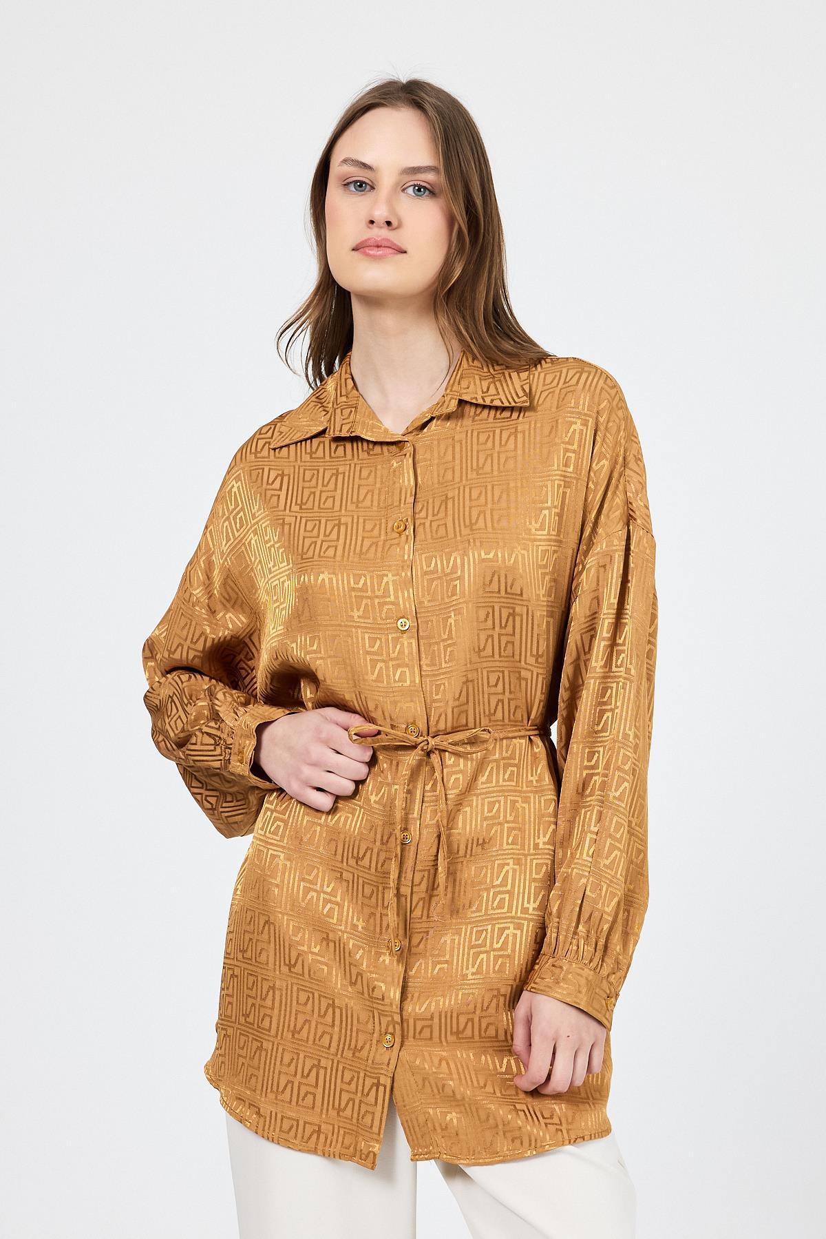 Camel Desenli Saten Görünümlü İp Bağlama Detaylı Gömlek 4293A - 6