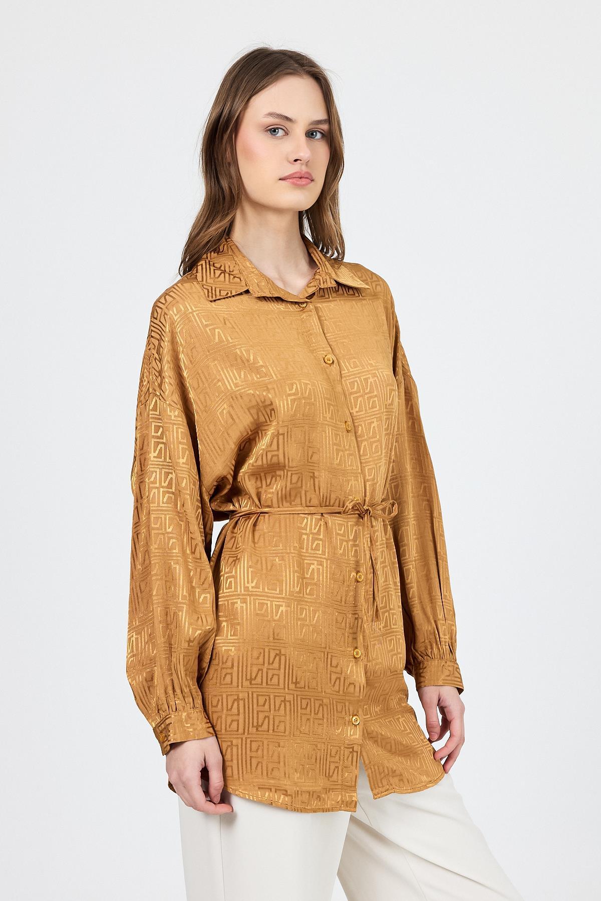 Camel Desenli Saten Görünümlü İp Bağlama Detaylı Gömlek 4293A - 1
