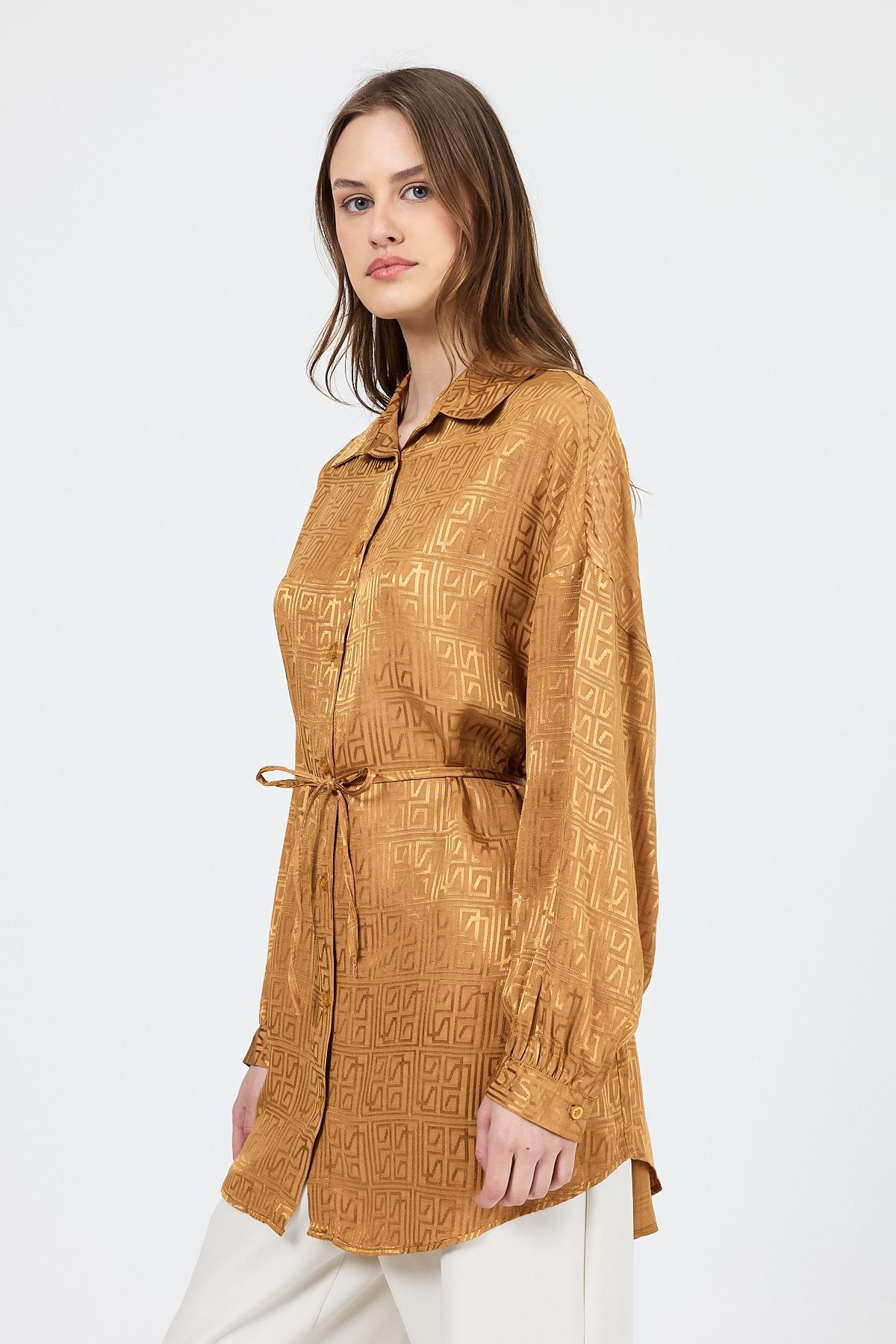 Camel Desenli Saten Görünümlü İp Bağlama Detaylı Gömlek 4293A - 3