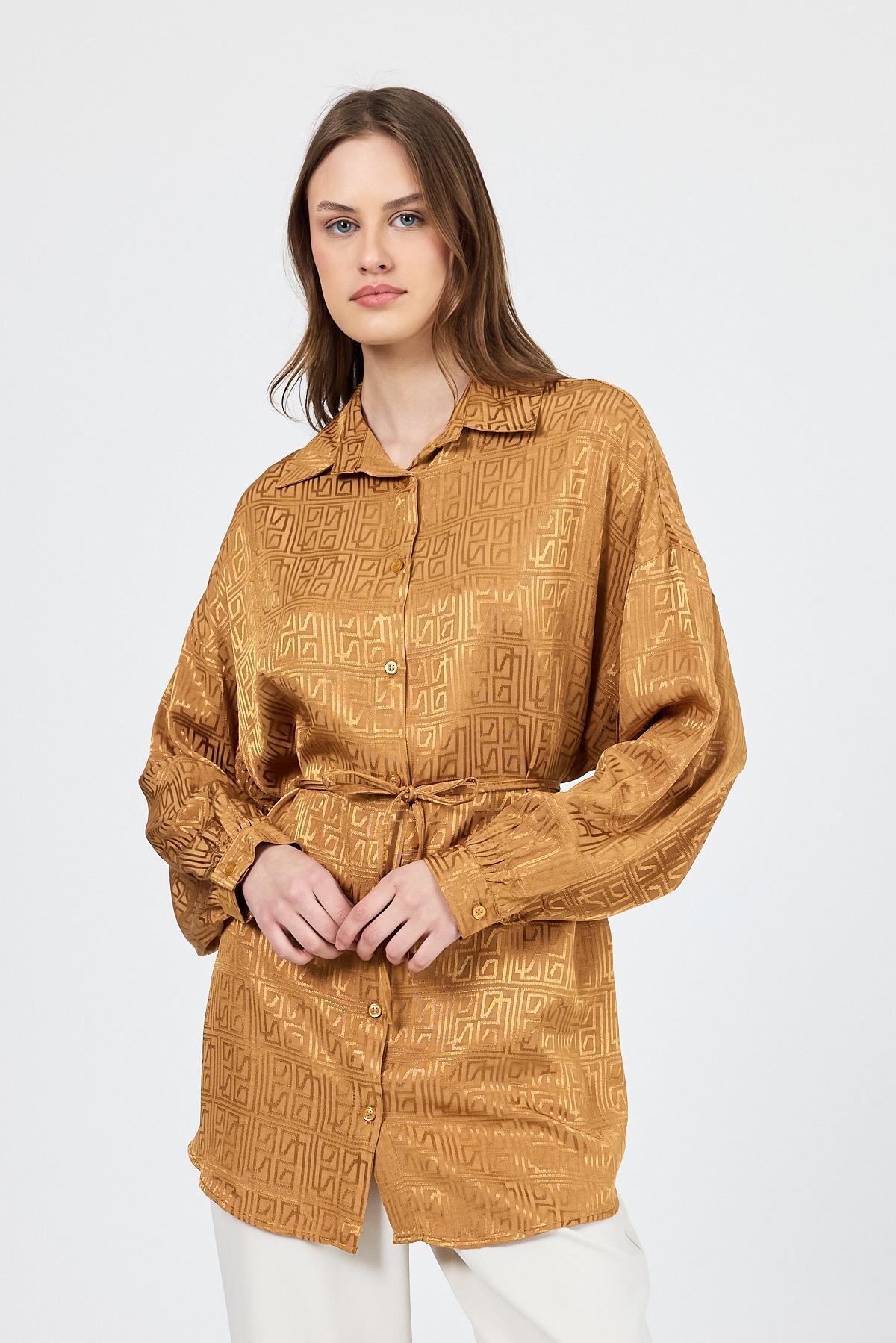 Camel Desenli Saten Görünümlü İp Bağlama Detaylı Gömlek 4293A - 8