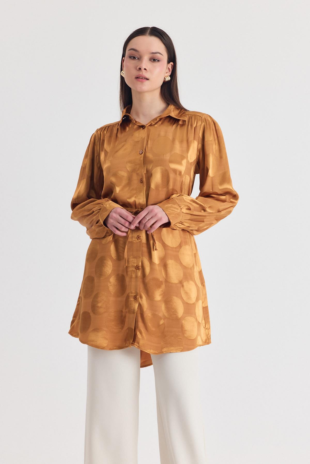 Camel Puantiye Desen İp Bağcık Saten Gömlek 4690A - 1