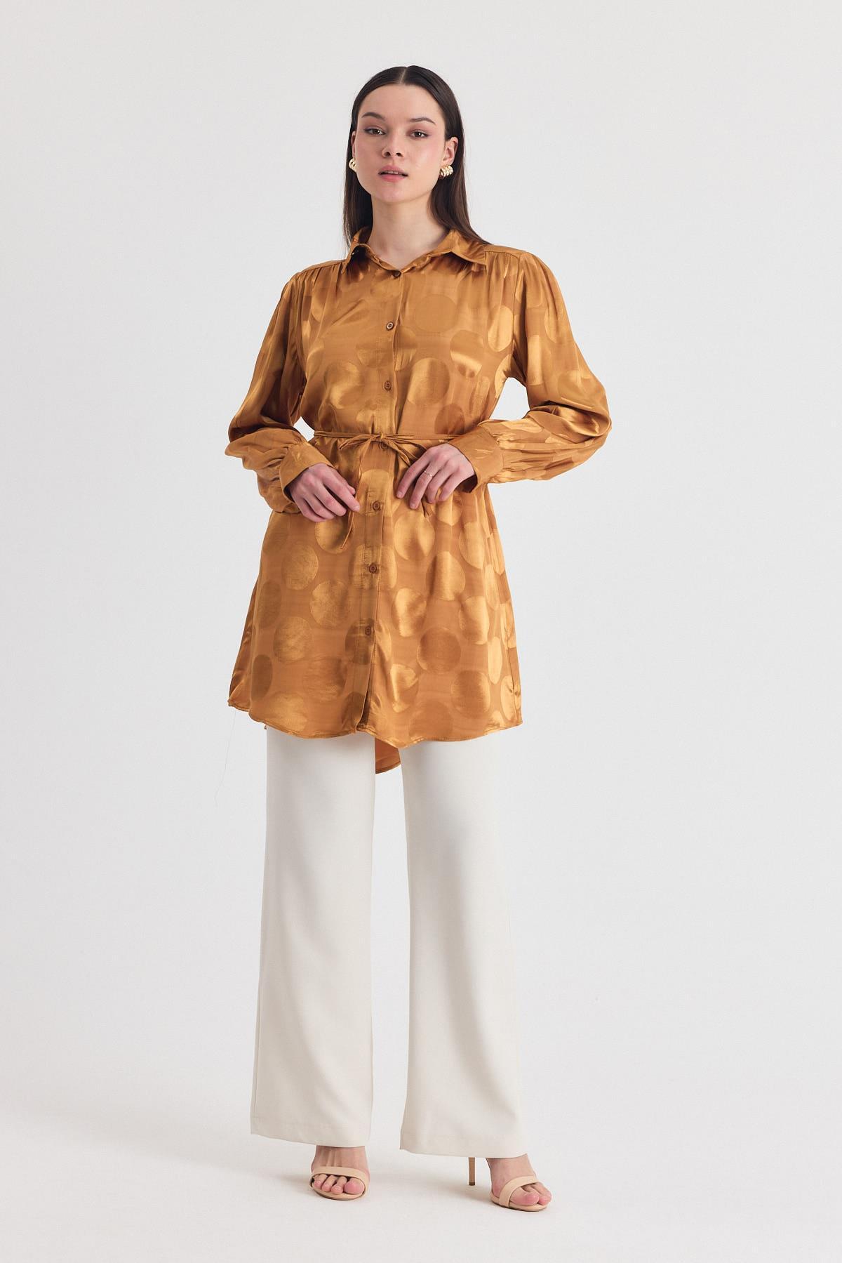 Camel Puantiye Desen İp Bağcık Saten Gömlek 4690A - 8