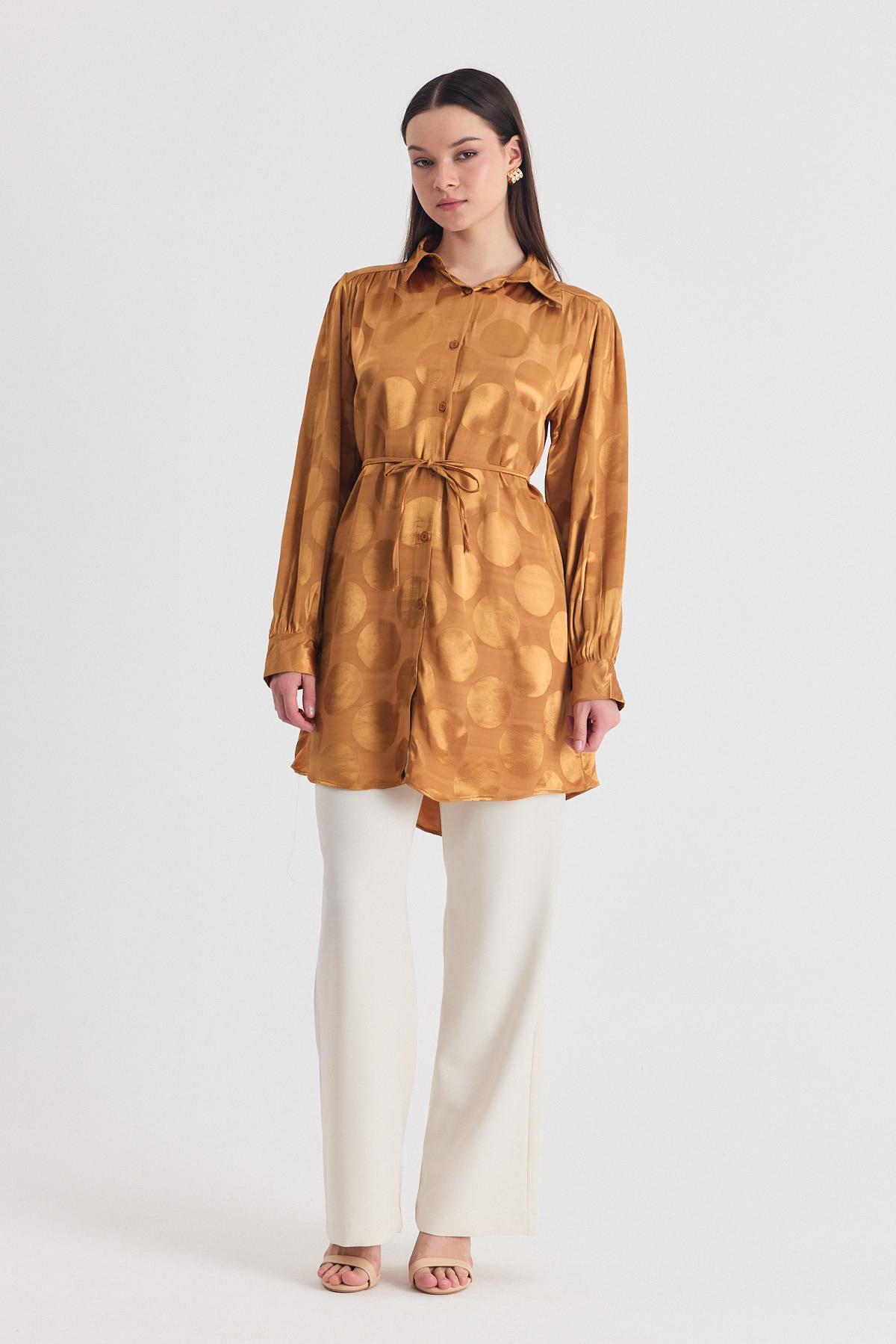 Camel Puantiye Desen İp Bağcık Saten Gömlek 4690A - 2