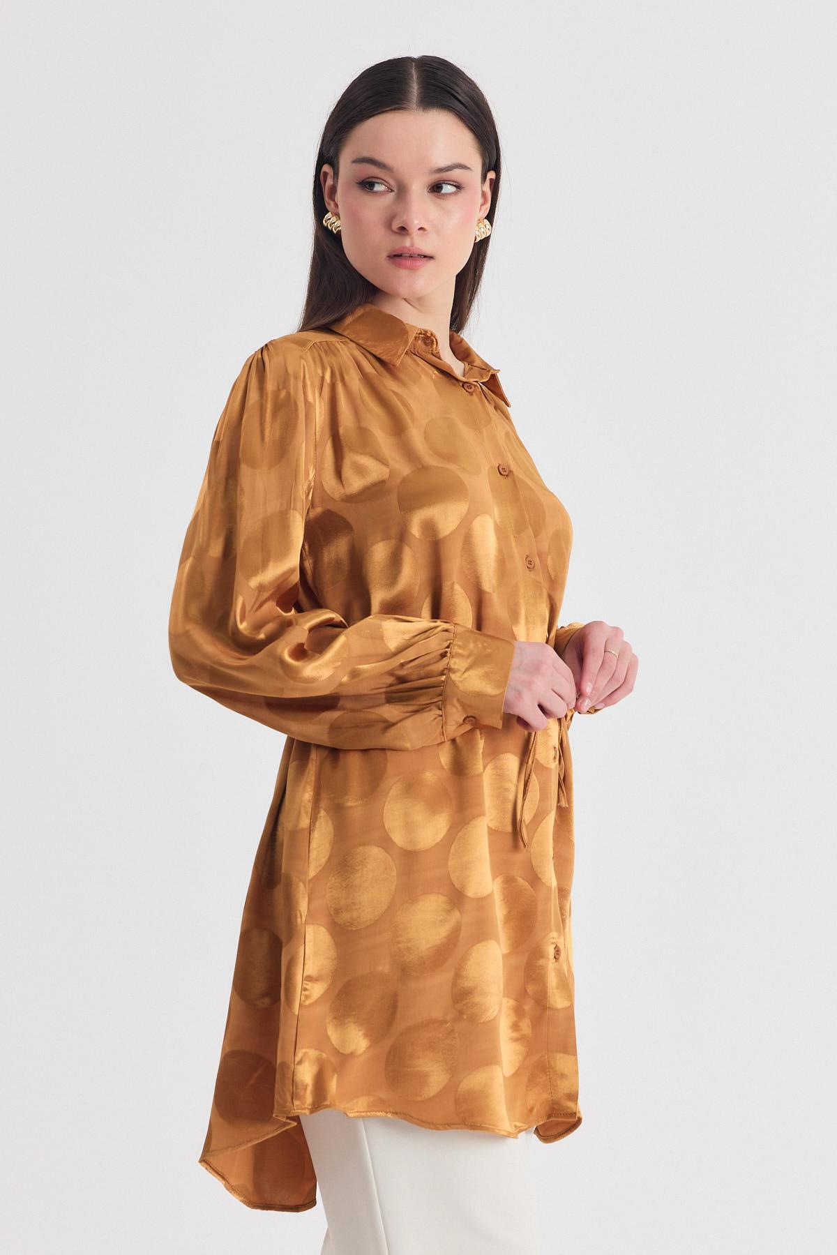 Camel Puantiye Desen İp Bağcık Saten Gömlek 4690A - 7