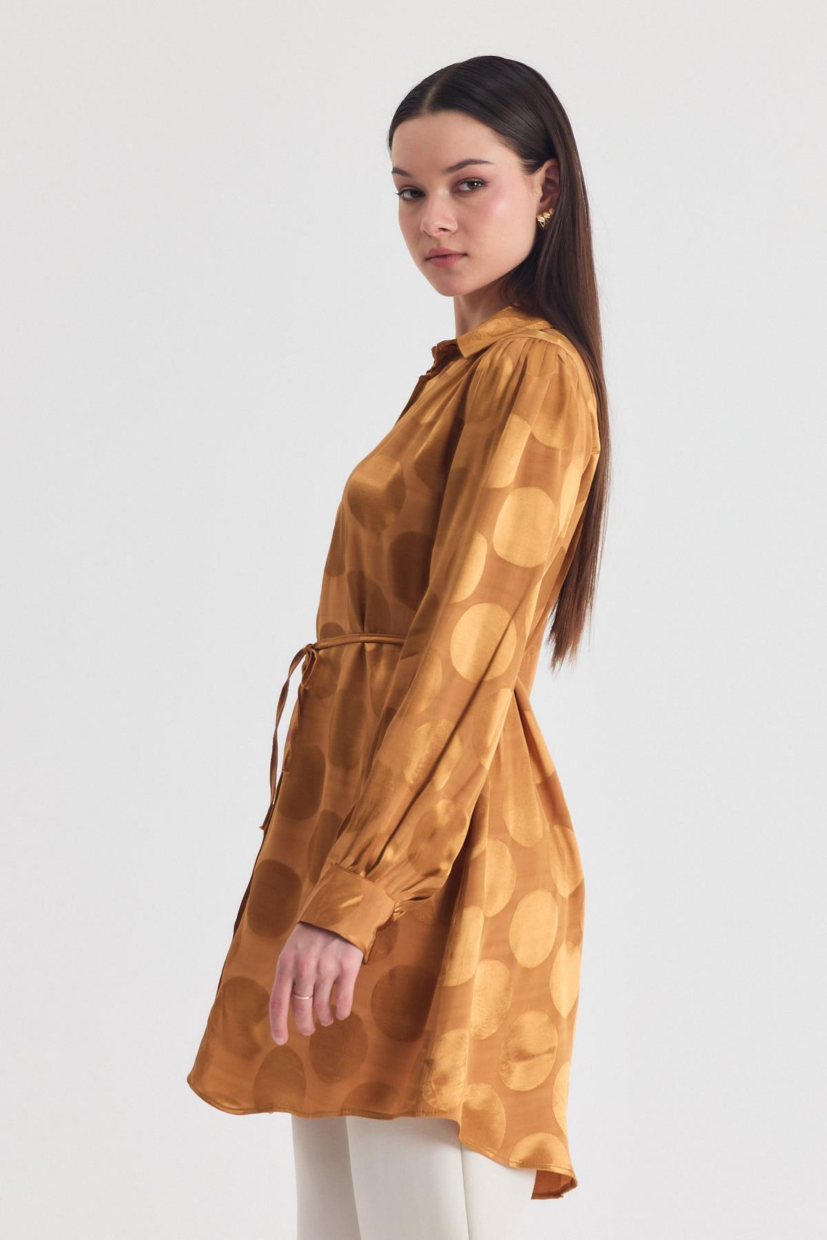 Camel Puantiye Desen İp Bağcık Saten Gömlek 4690A - 3