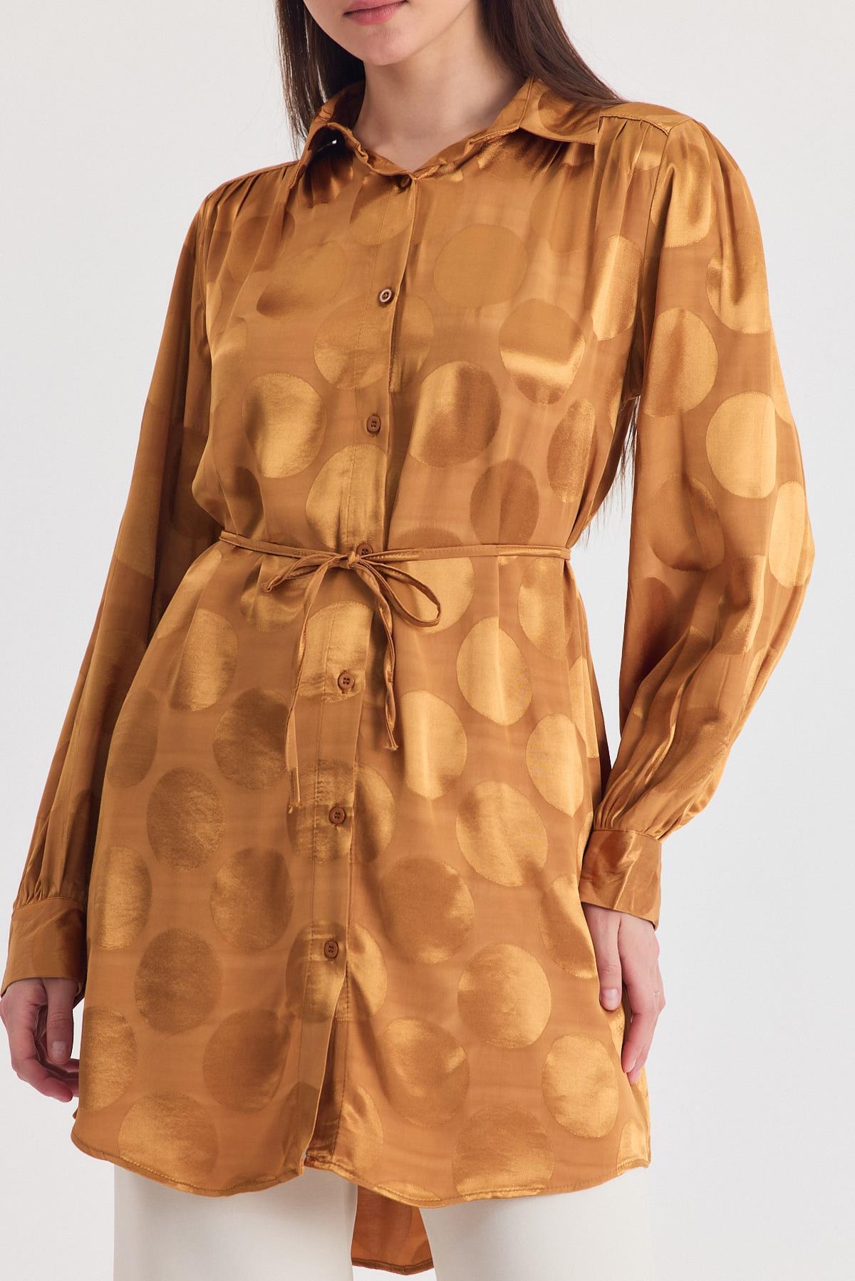 Camel Puantiye Desen İp Bağcık Saten Gömlek 4690A - 4
