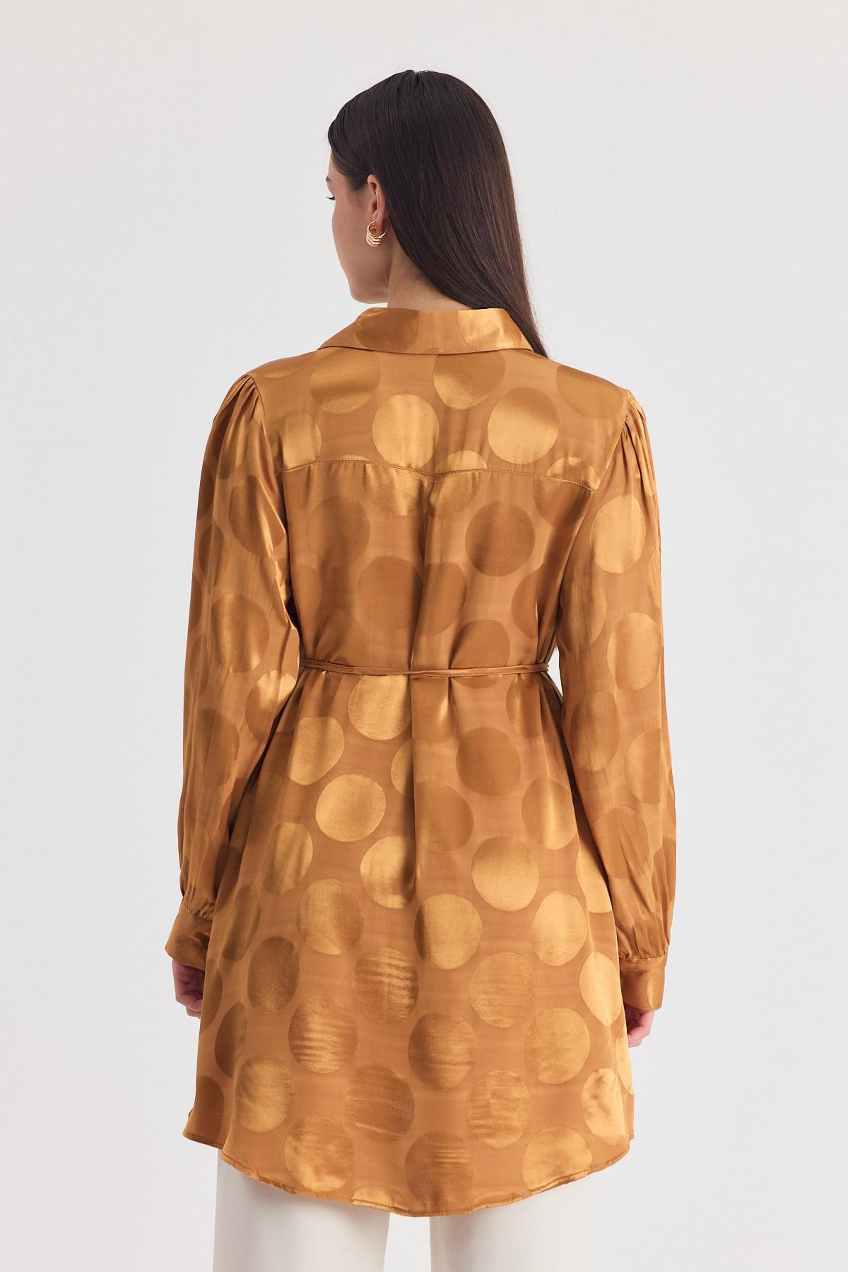 Camel Puantiye Desen İp Bağcık Saten Gömlek 4690A - 5