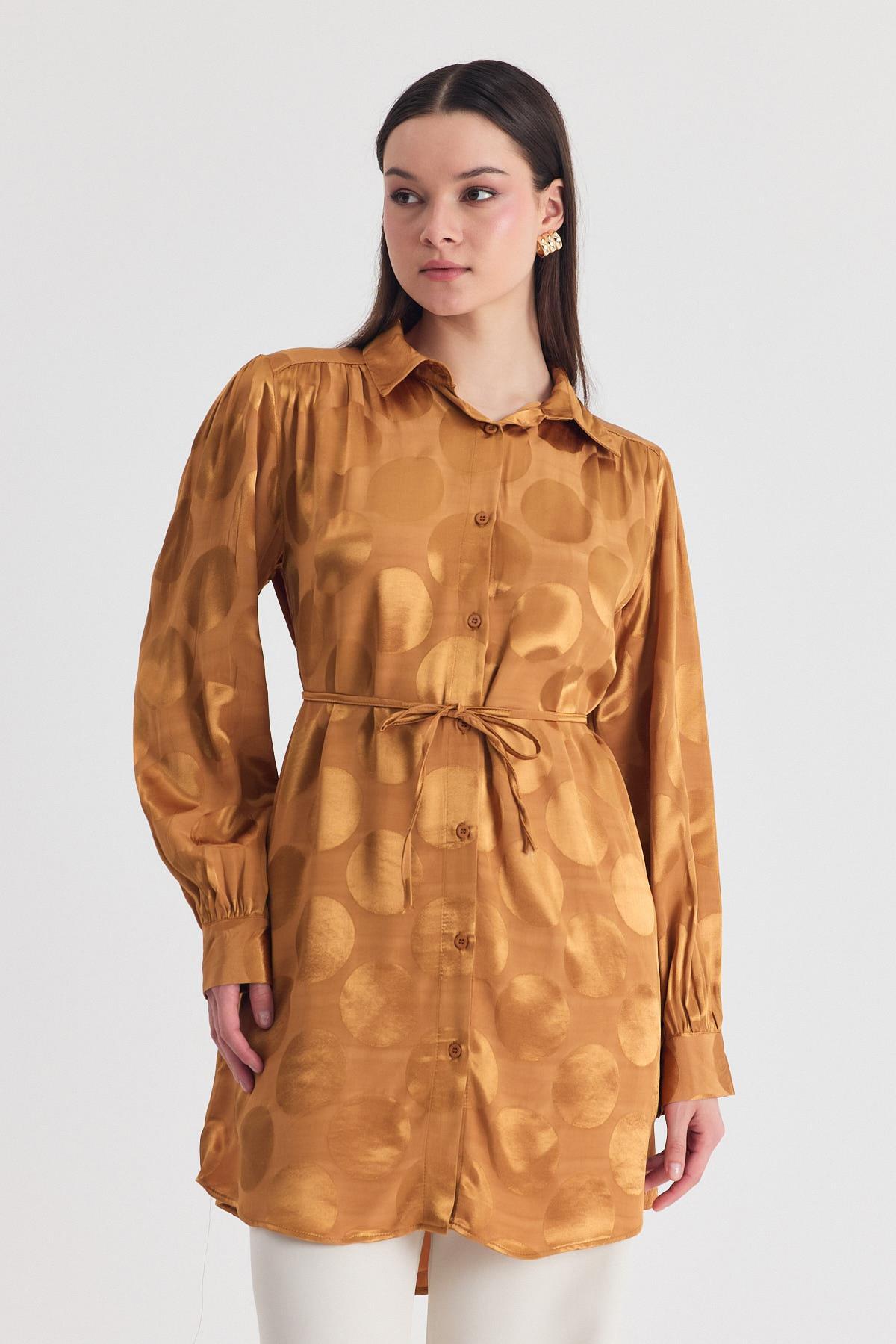 Camel Puantiye Desen İp Bağcık Saten Gömlek 4690A - 6