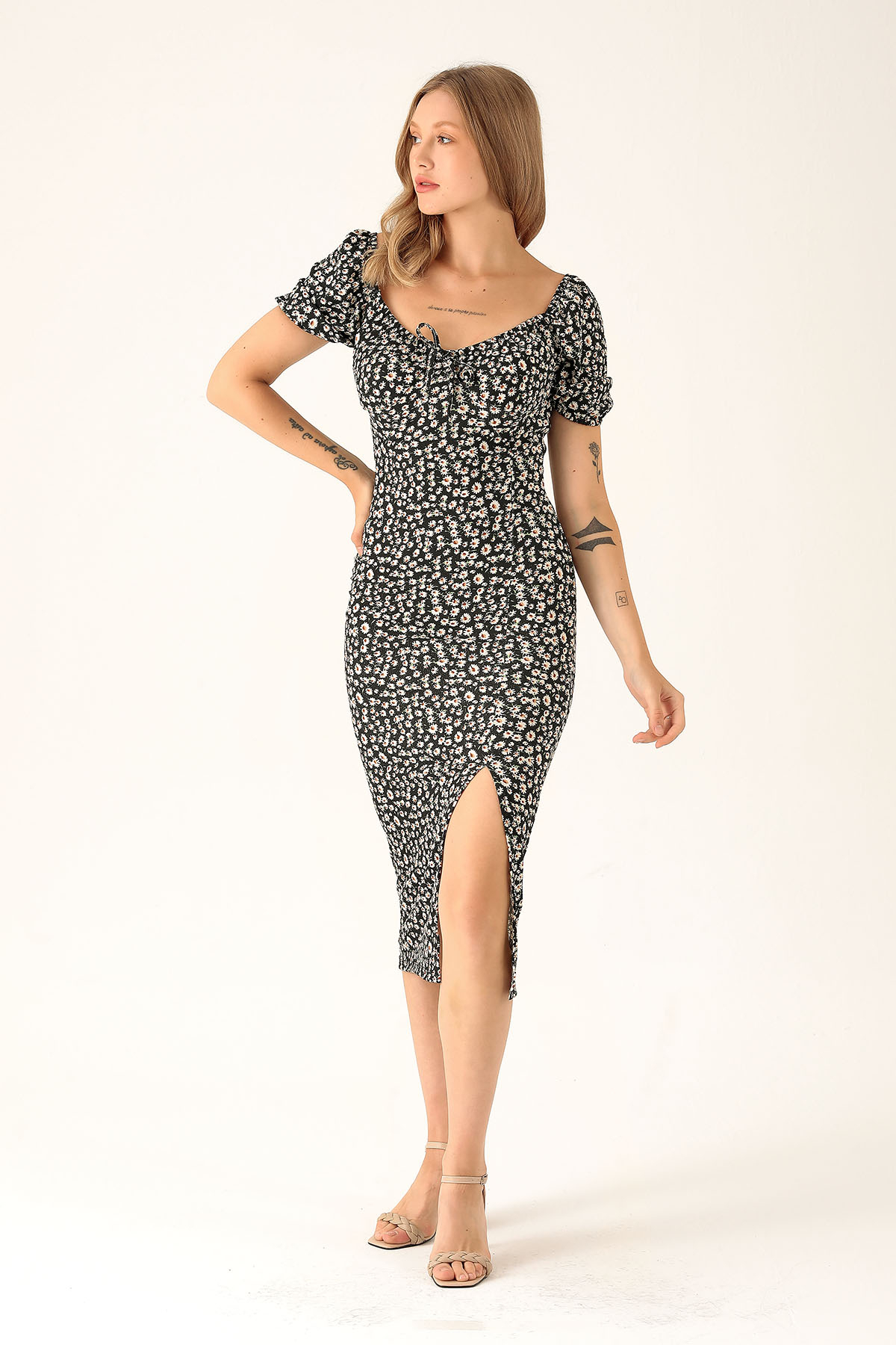 Çiçek Detay Yırtmaçlı Elbise - 10469 Siyah - 2