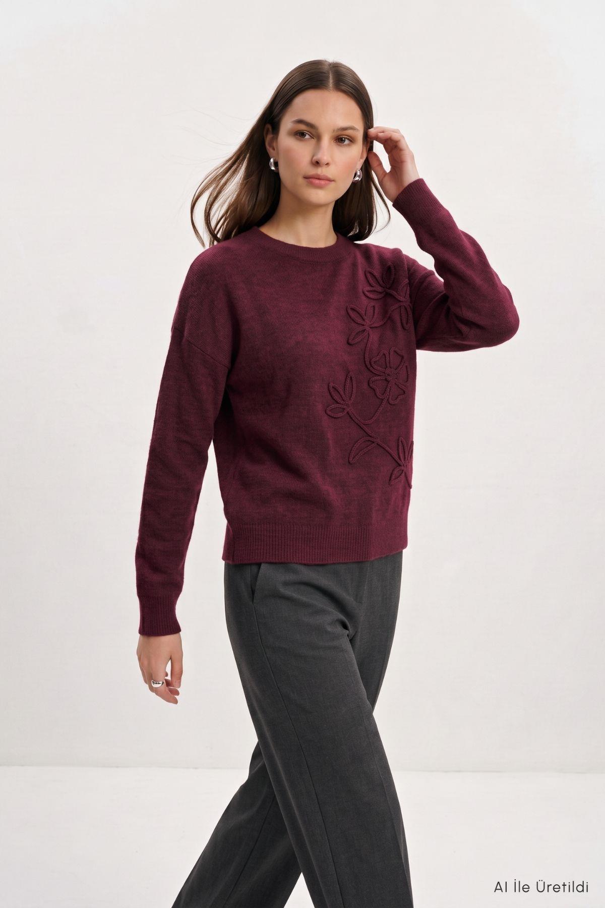 Çiçek Nakış Kazak 70056 Bordo - RAYS