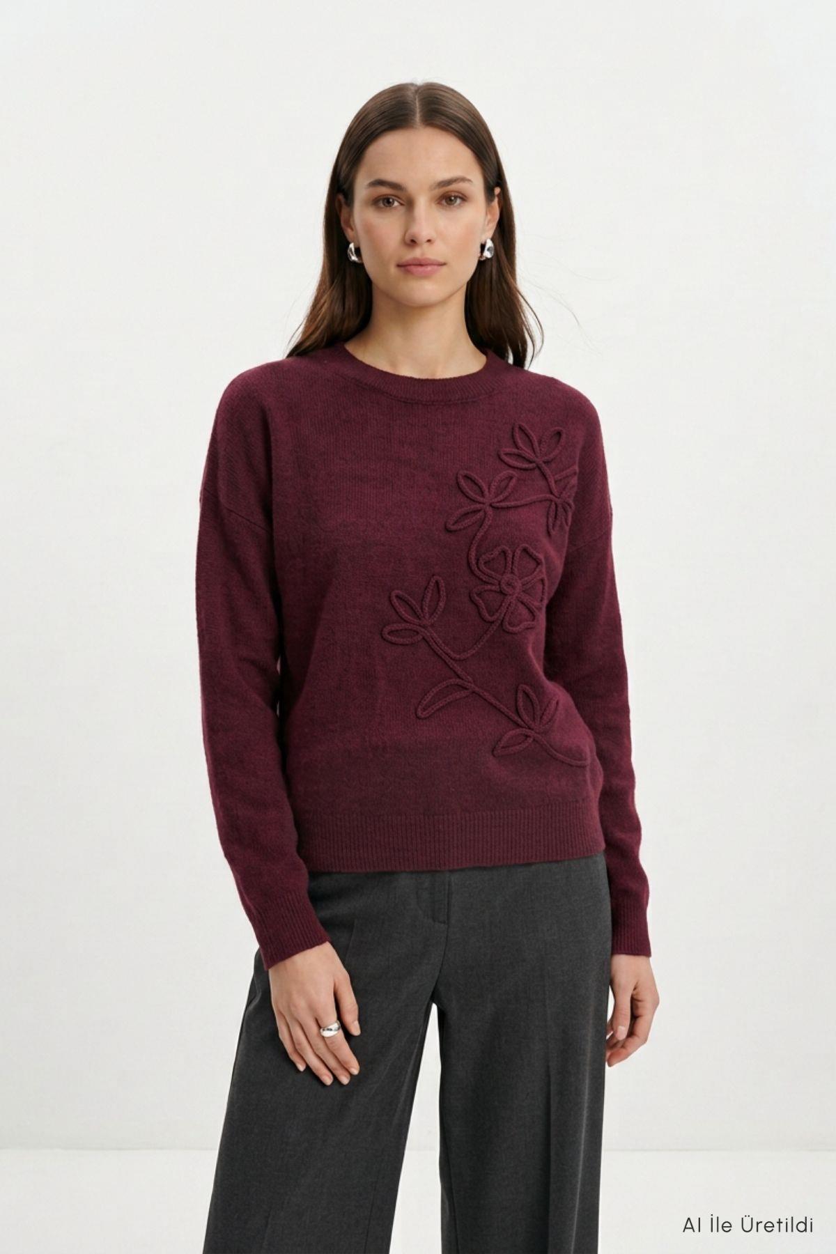 Çiçek Nakış Kazak 70056 Bordo - 2