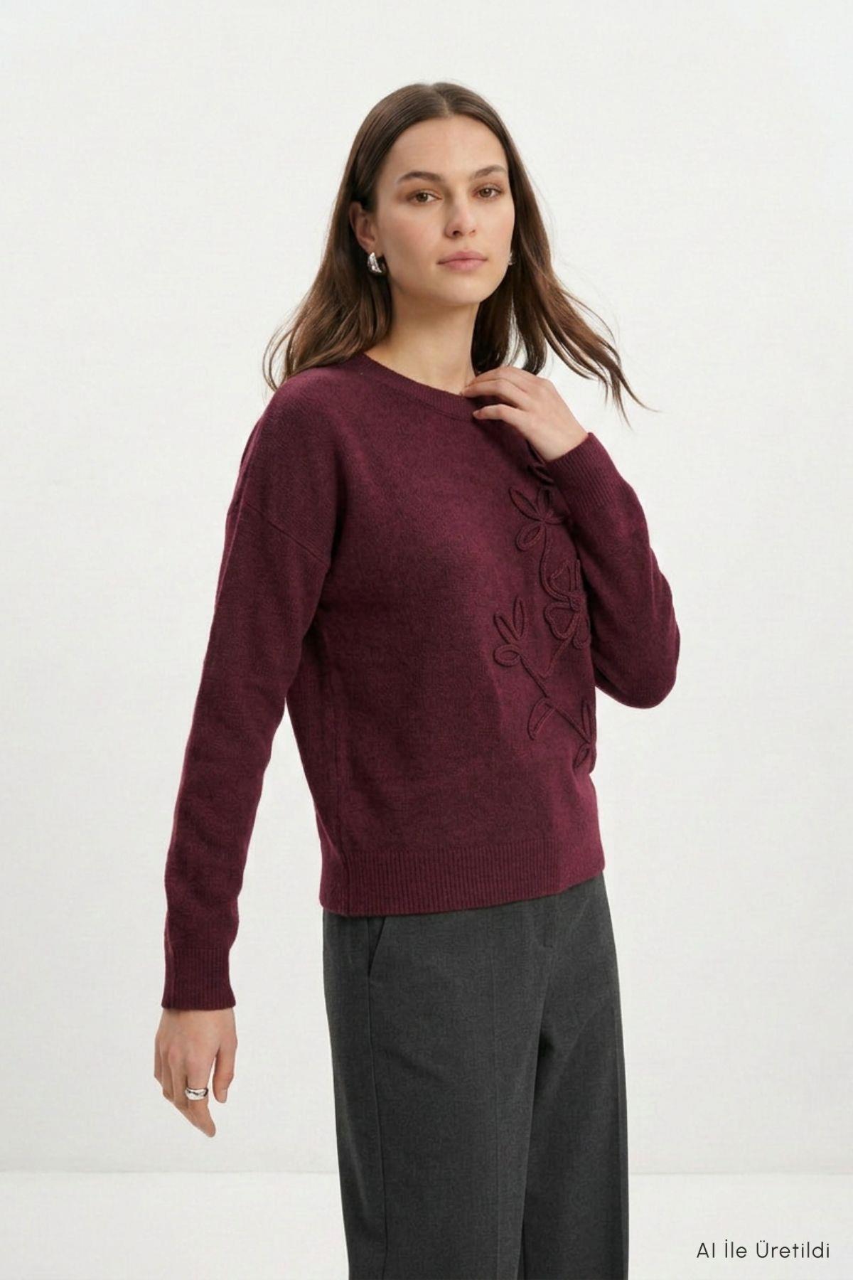 Çiçek Nakış Kazak 70056 Bordo - 3
