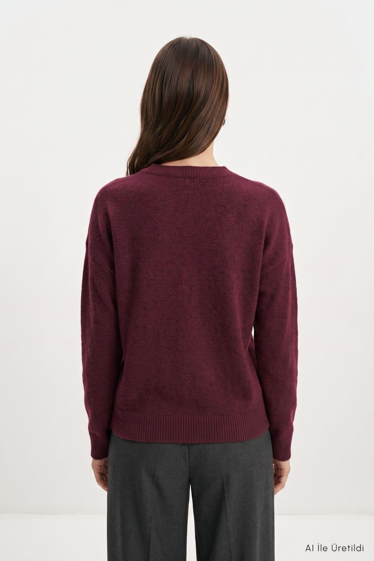 Çiçek Nakış Kazak 70056 Bordo - 4