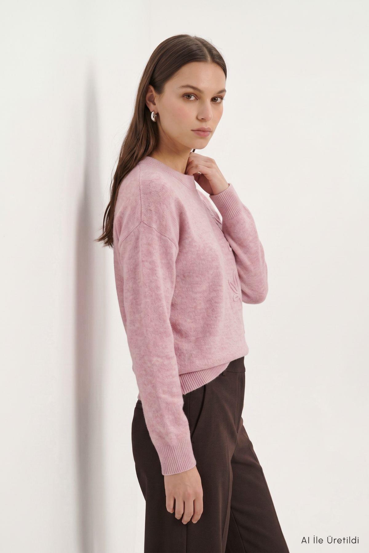 Çiçek Nakış Kazak 70056 Pembe - 3