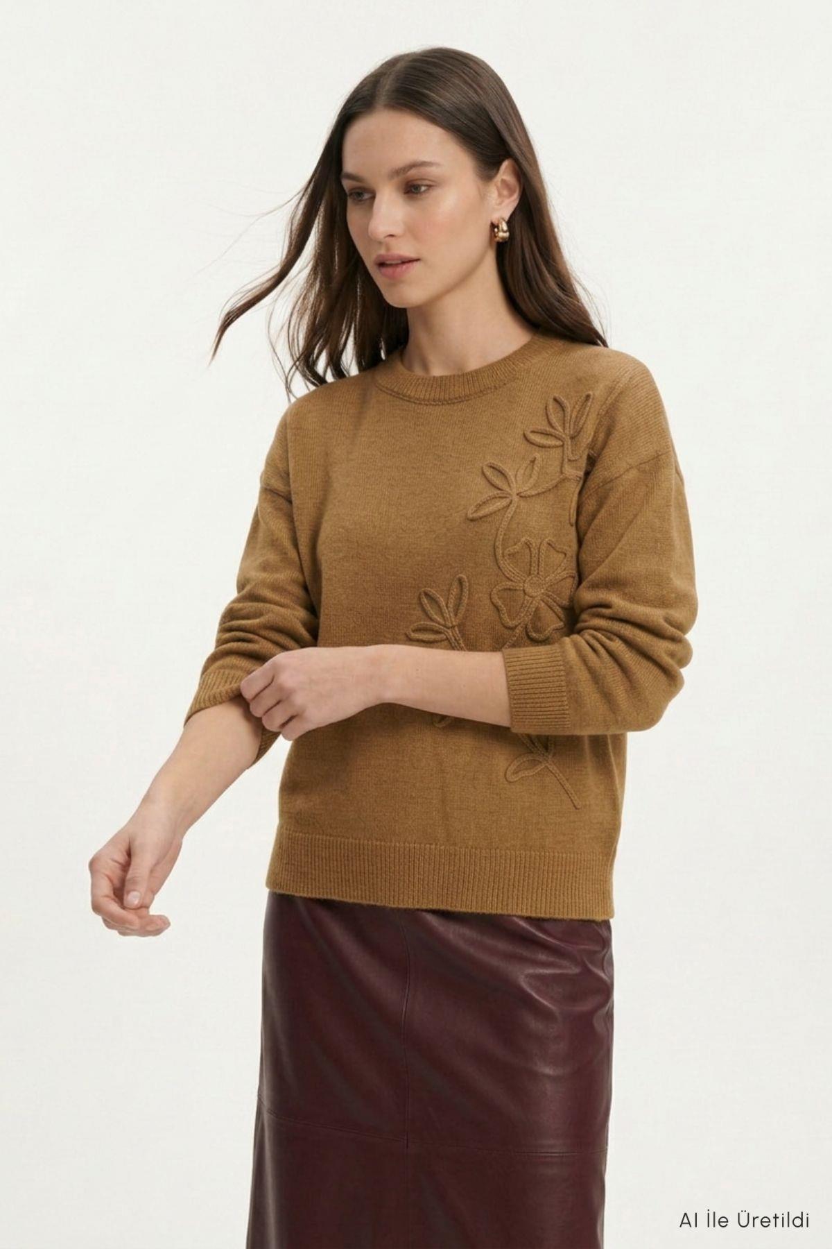 Çiçek Nakış Kazak 70056 Taba - 3