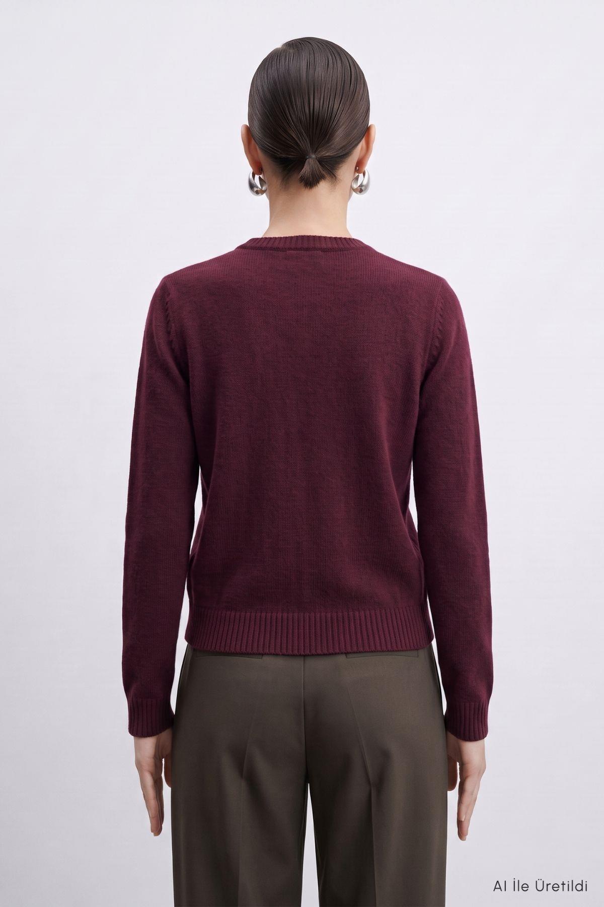 Çiçek Nakışlı Düğmeli Hırka 7051 Bordo - 4