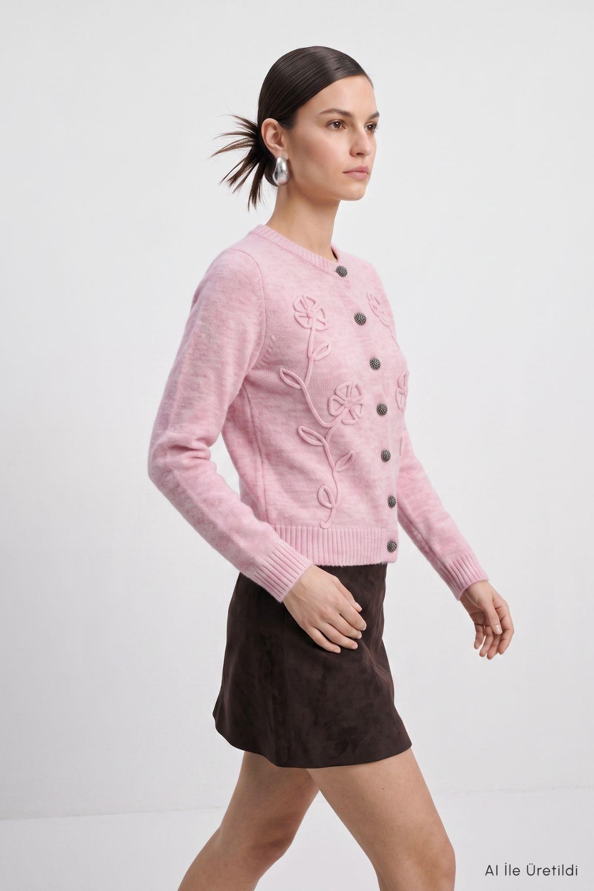 Çiçek Nakışlı Düğmeli Hırka 7051 Pembe - RAYS