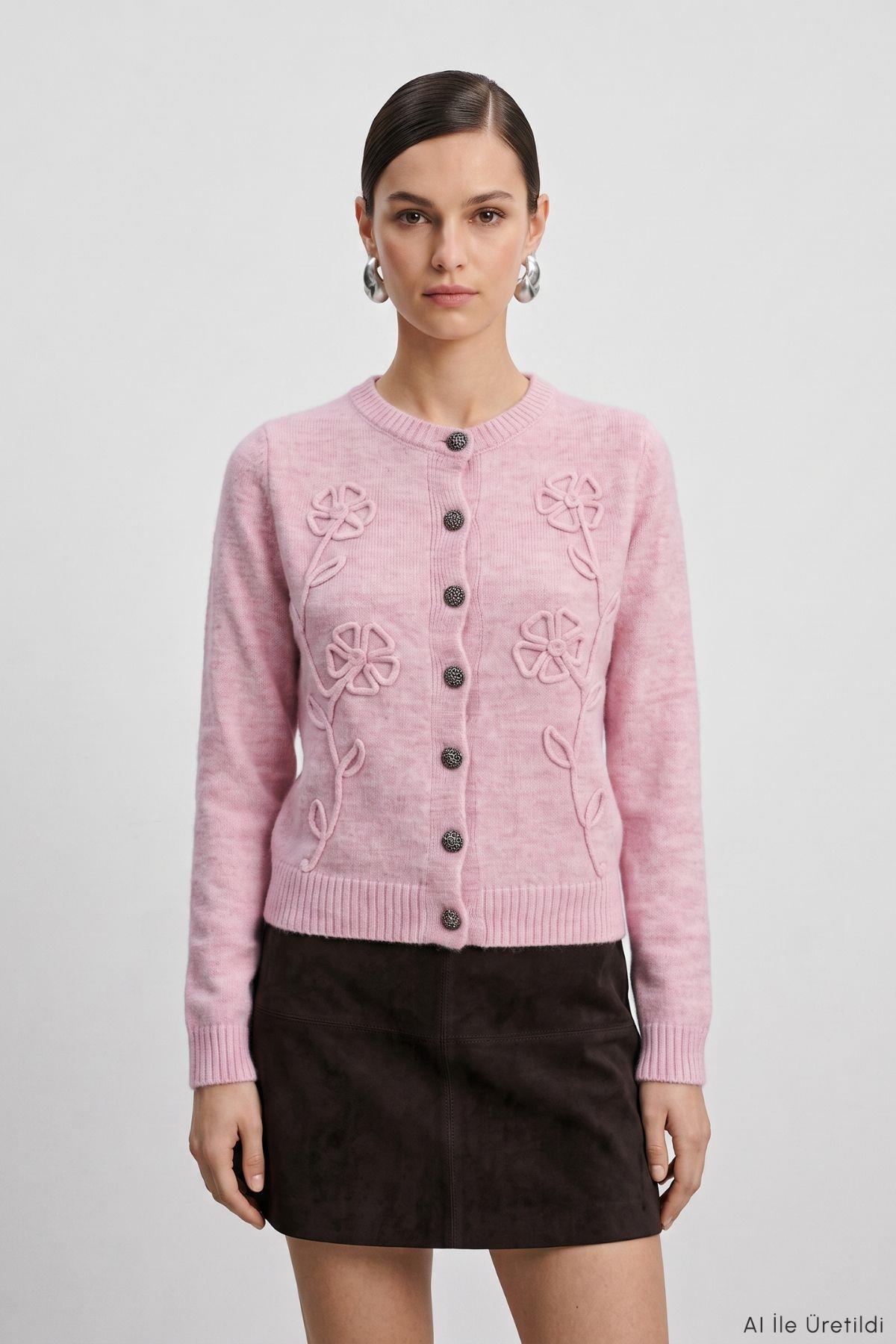 Çiçek Nakışlı Düğmeli Hırka 7051 Pembe - 2