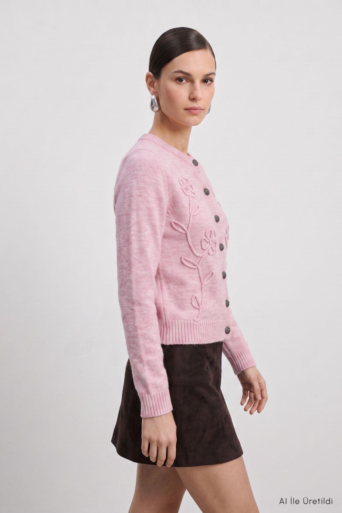 Çiçek Nakışlı Düğmeli Hırka 7051 Pembe - RAYS