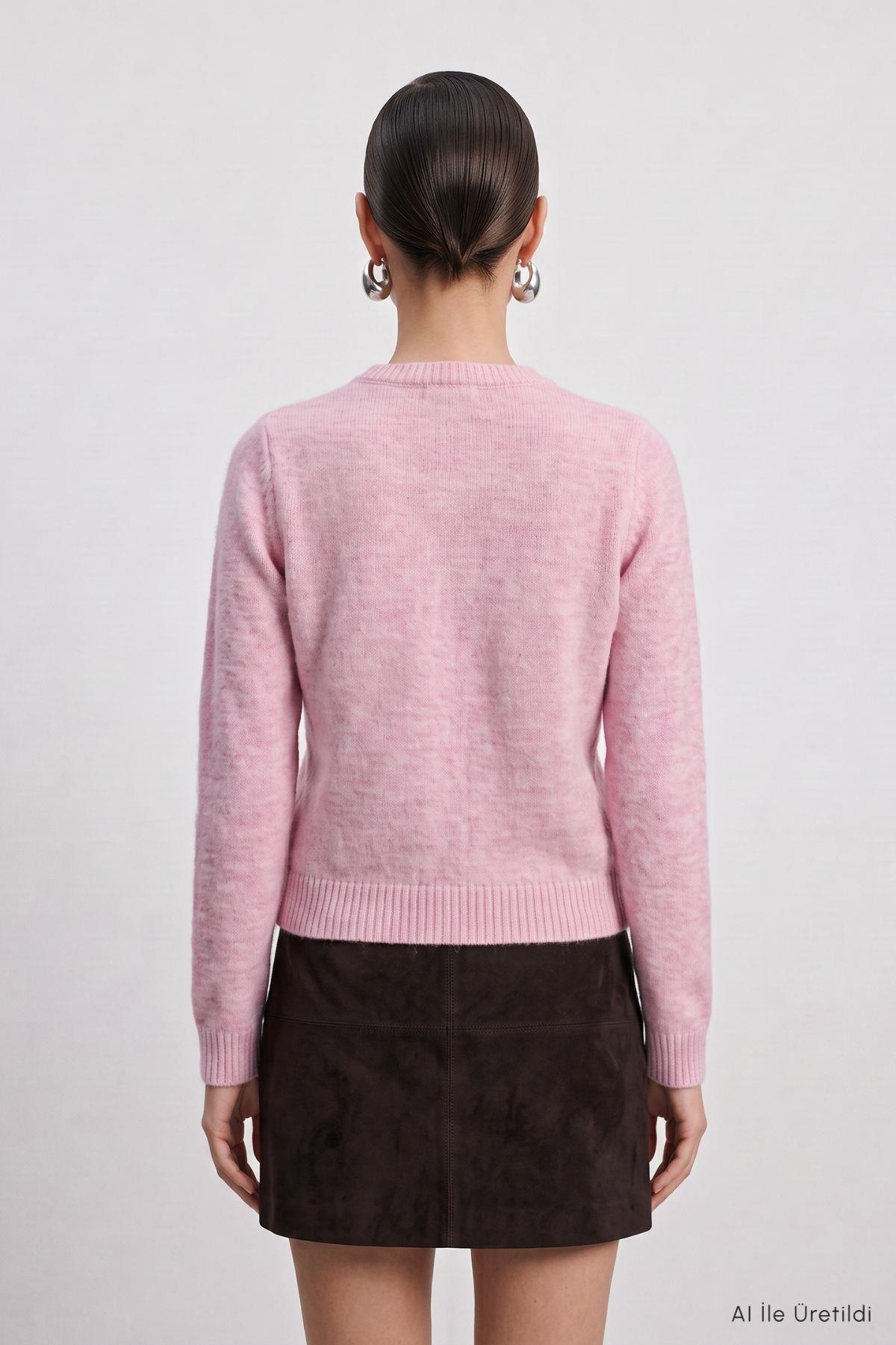 Çiçek Nakışlı Düğmeli Hırka 7051 Pembe - RAYS