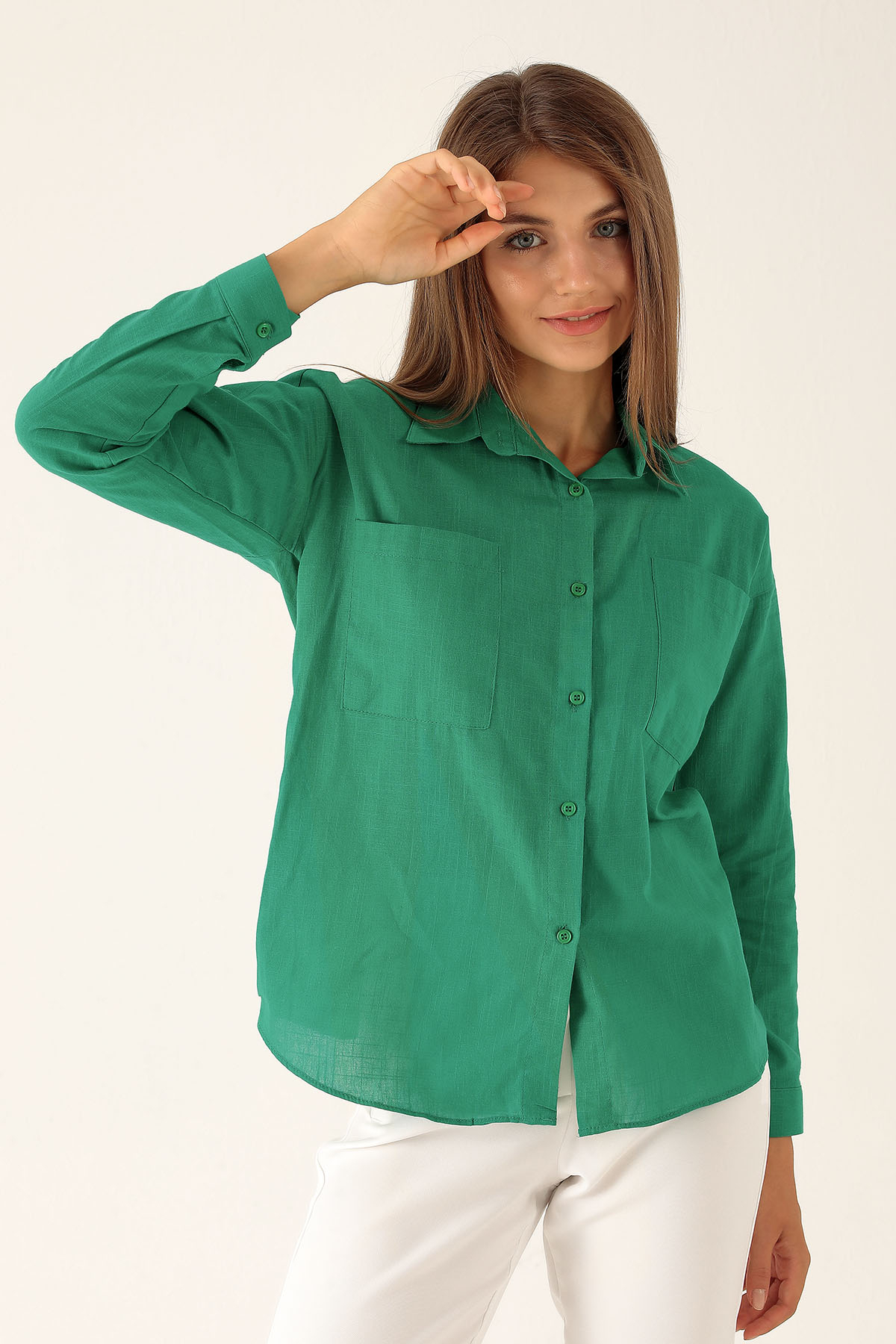Çift Cep Keten Bayan Gömlek - 6496A Benetton Yeşili - 2