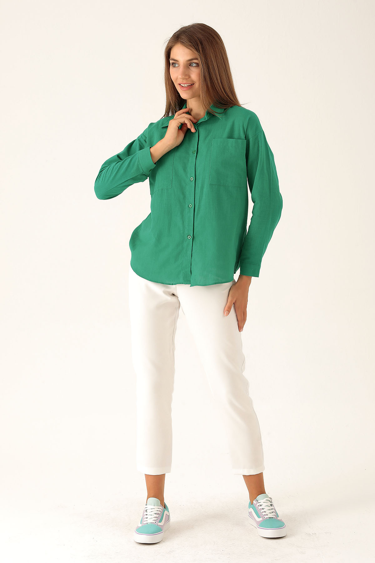 Çift Cep Keten Bayan Gömlek - 6496A Benetton Yeşili - 5