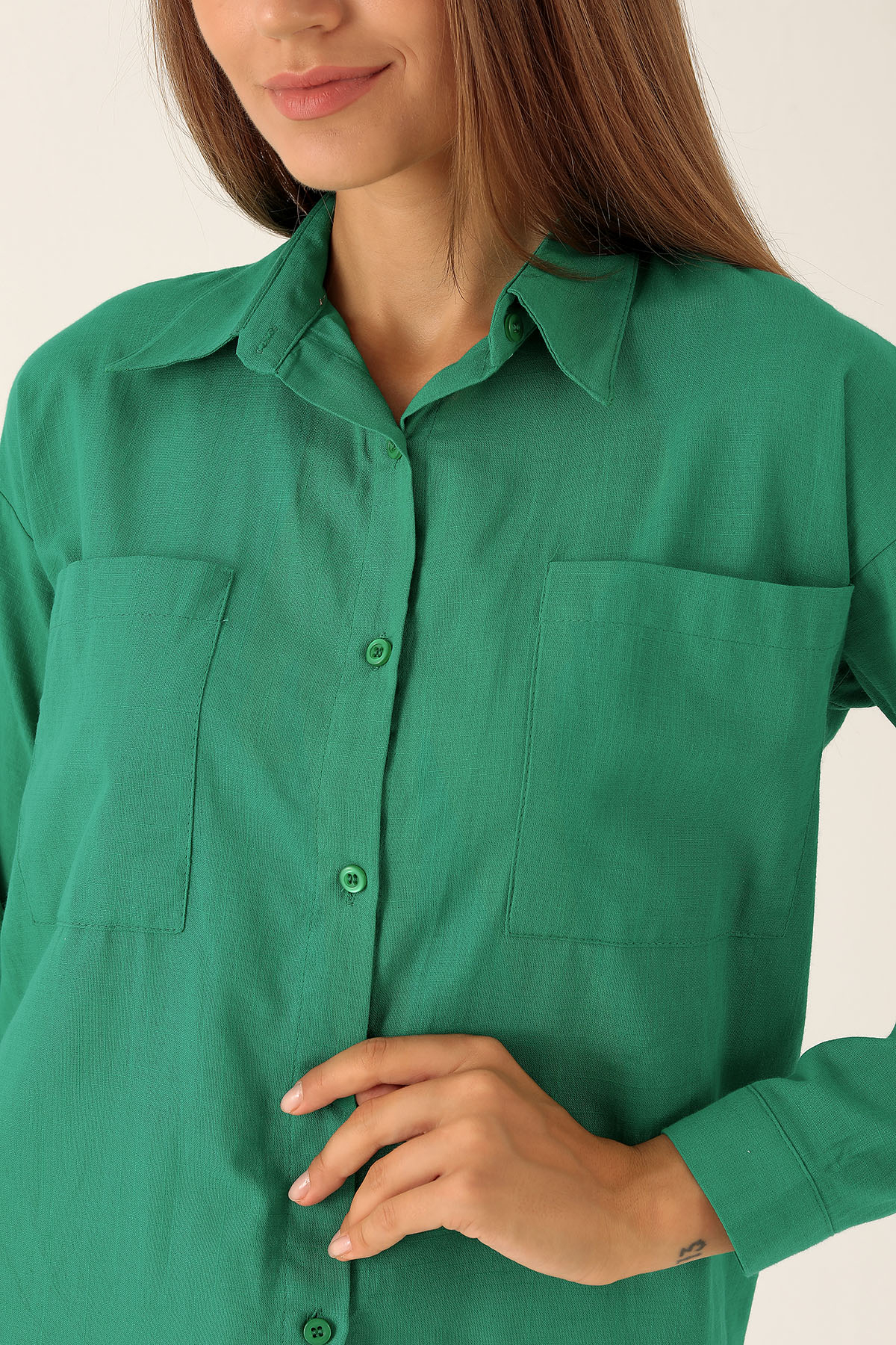 Çift Cep Keten Bayan Gömlek - 6496A Benetton Yeşili - 6