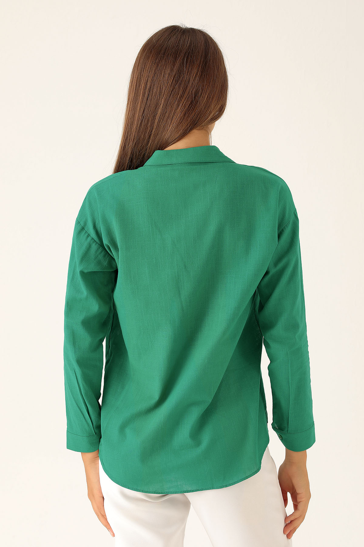 Çift Cep Keten Bayan Gömlek - 6496A Benetton Yeşili - 3