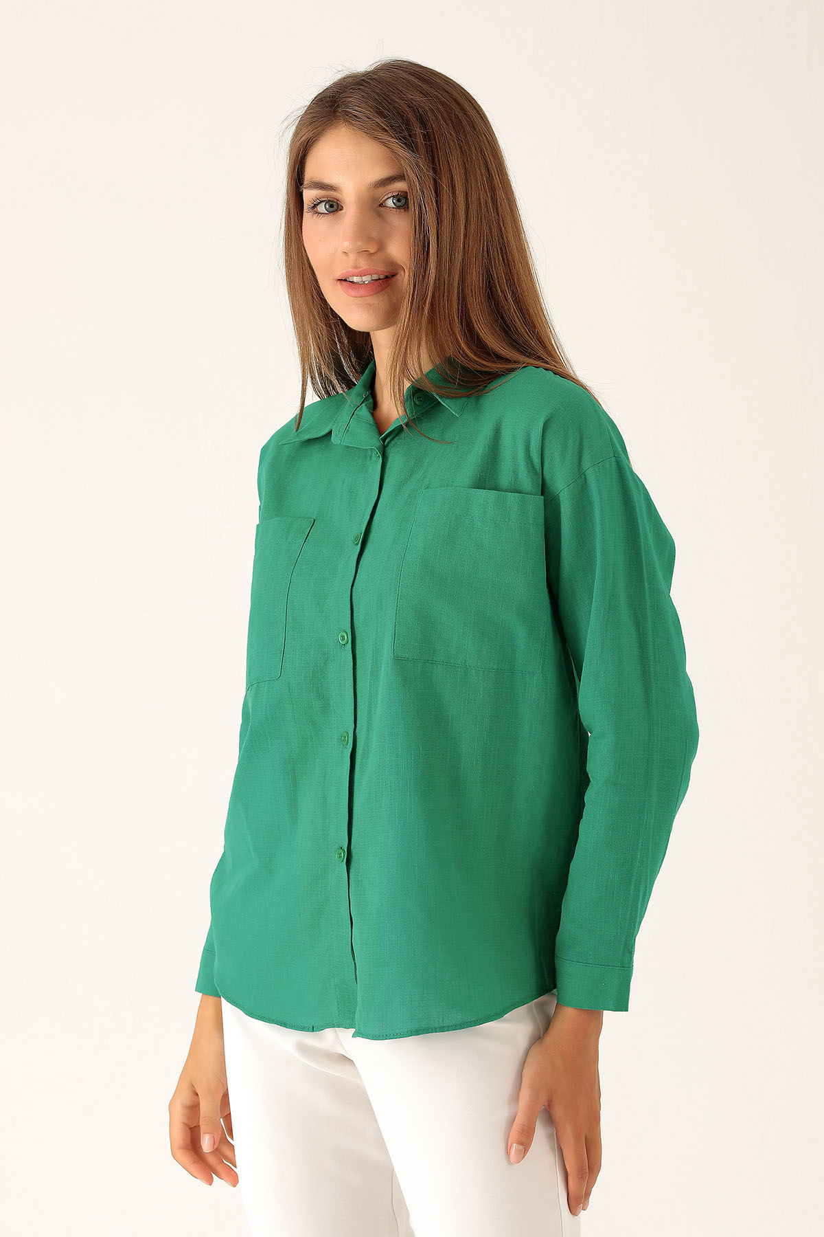 Çift Cep Keten Bayan Gömlek - 6496A Benetton Yeşili - 1