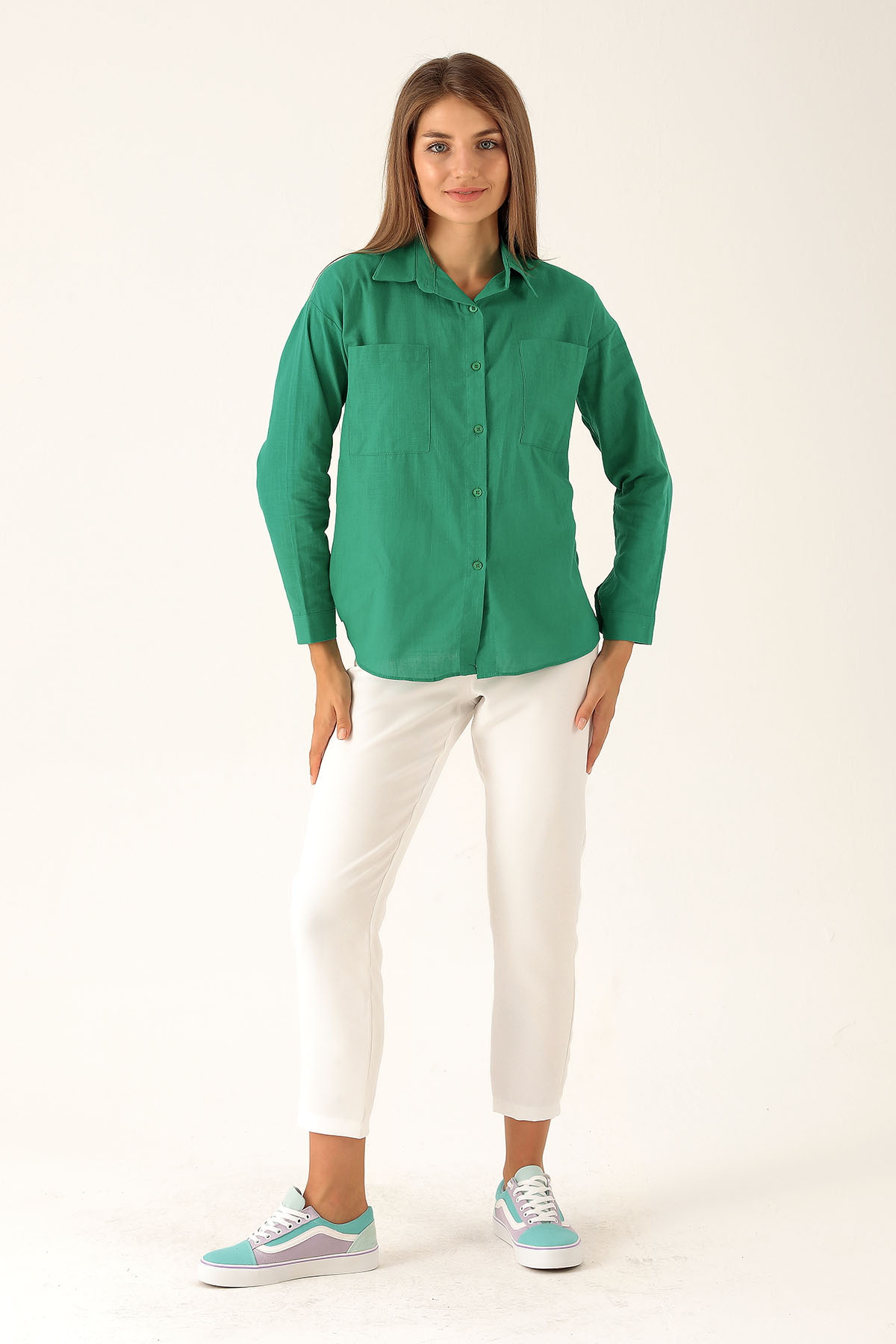 Çift Cep Keten Bayan Gömlek - 6496A Benetton Yeşili - 4