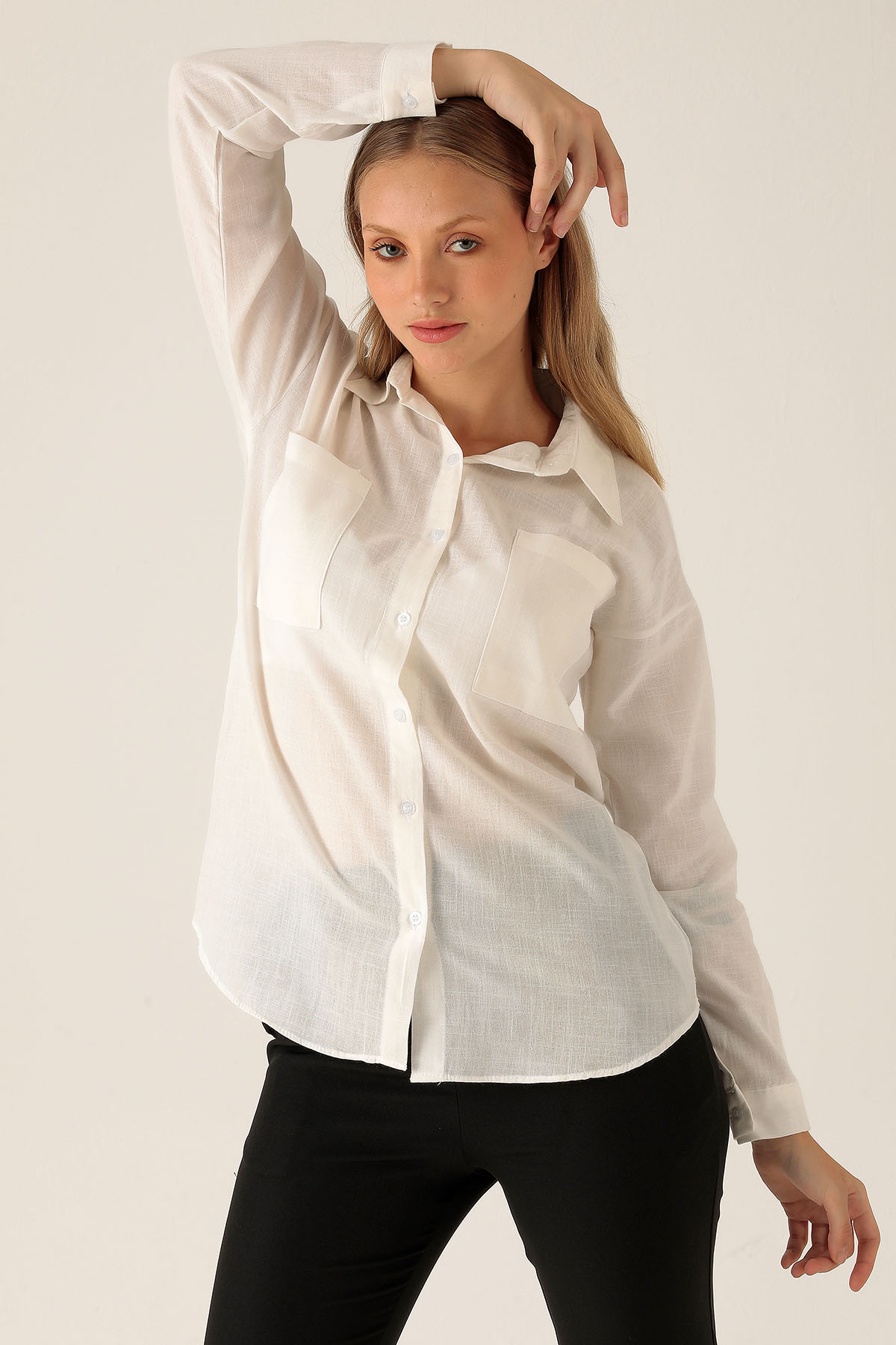 Çift Cep Keten Bayan Gömlek - 6496A Beyaz - 1