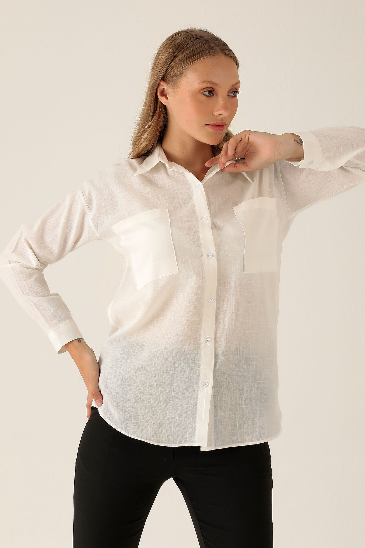 Çift Cep Keten Bayan Gömlek - 6496A Beyaz - 2