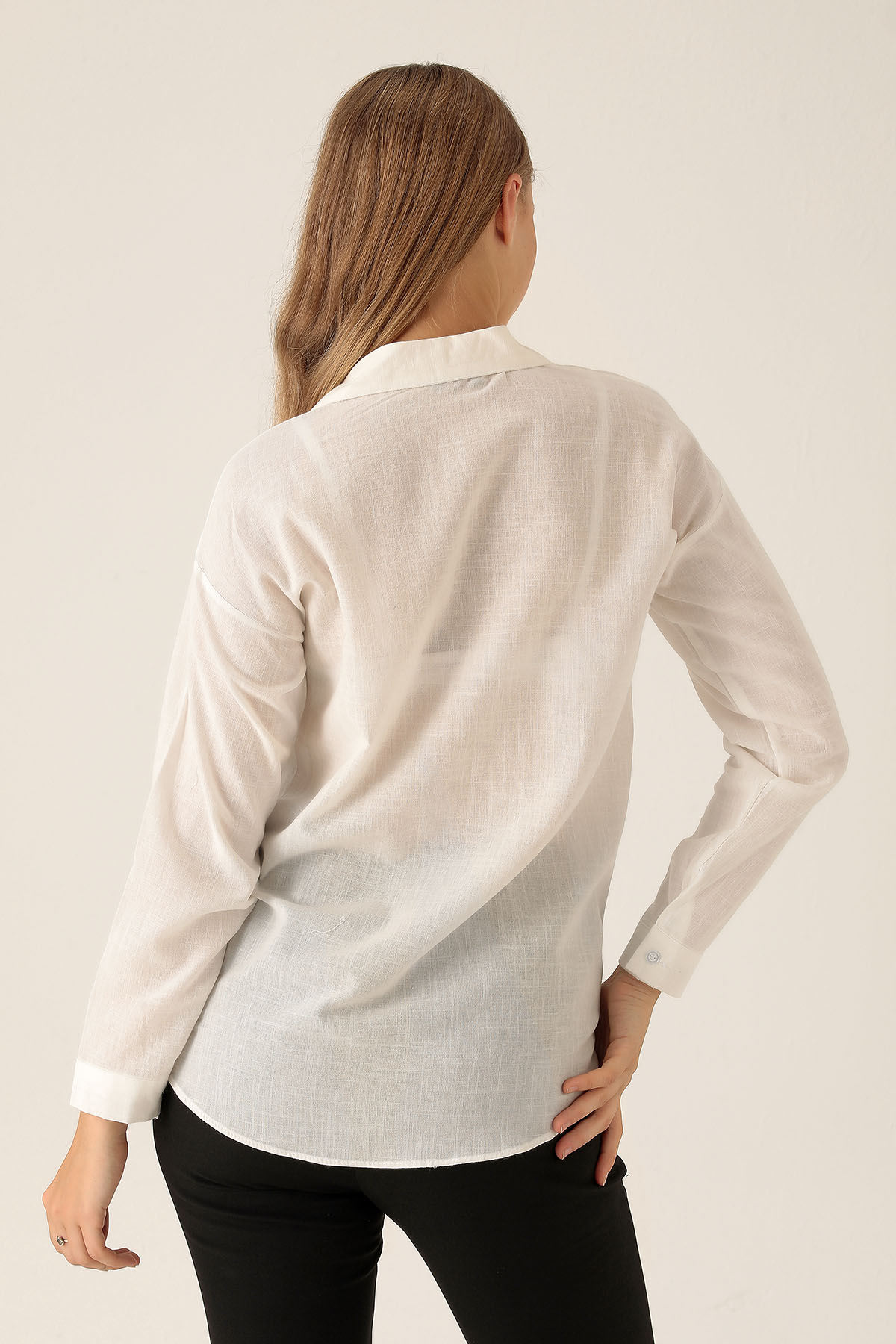 Çift Cep Keten Bayan Gömlek - 6496A Beyaz - 3