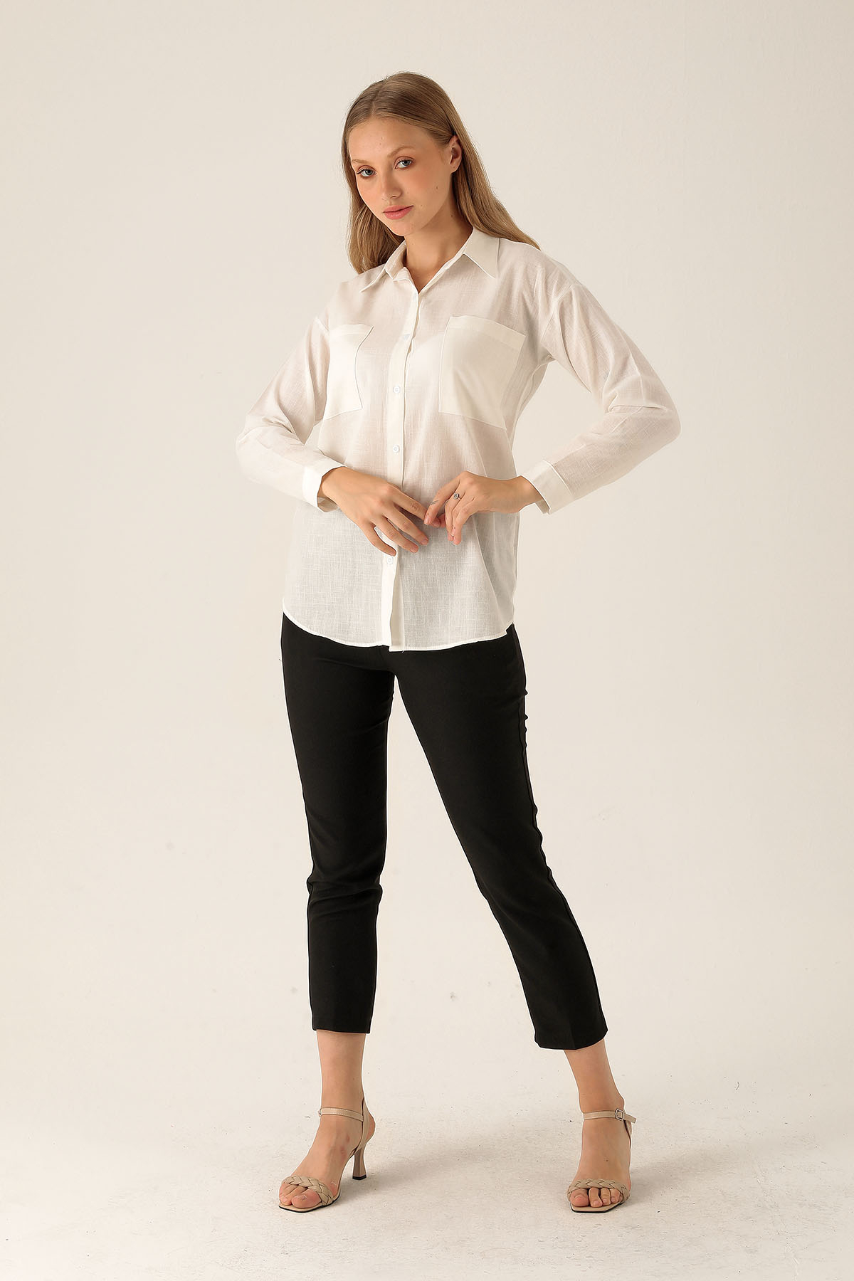 Çift Cep Keten Bayan Gömlek - 6496A Beyaz - 4