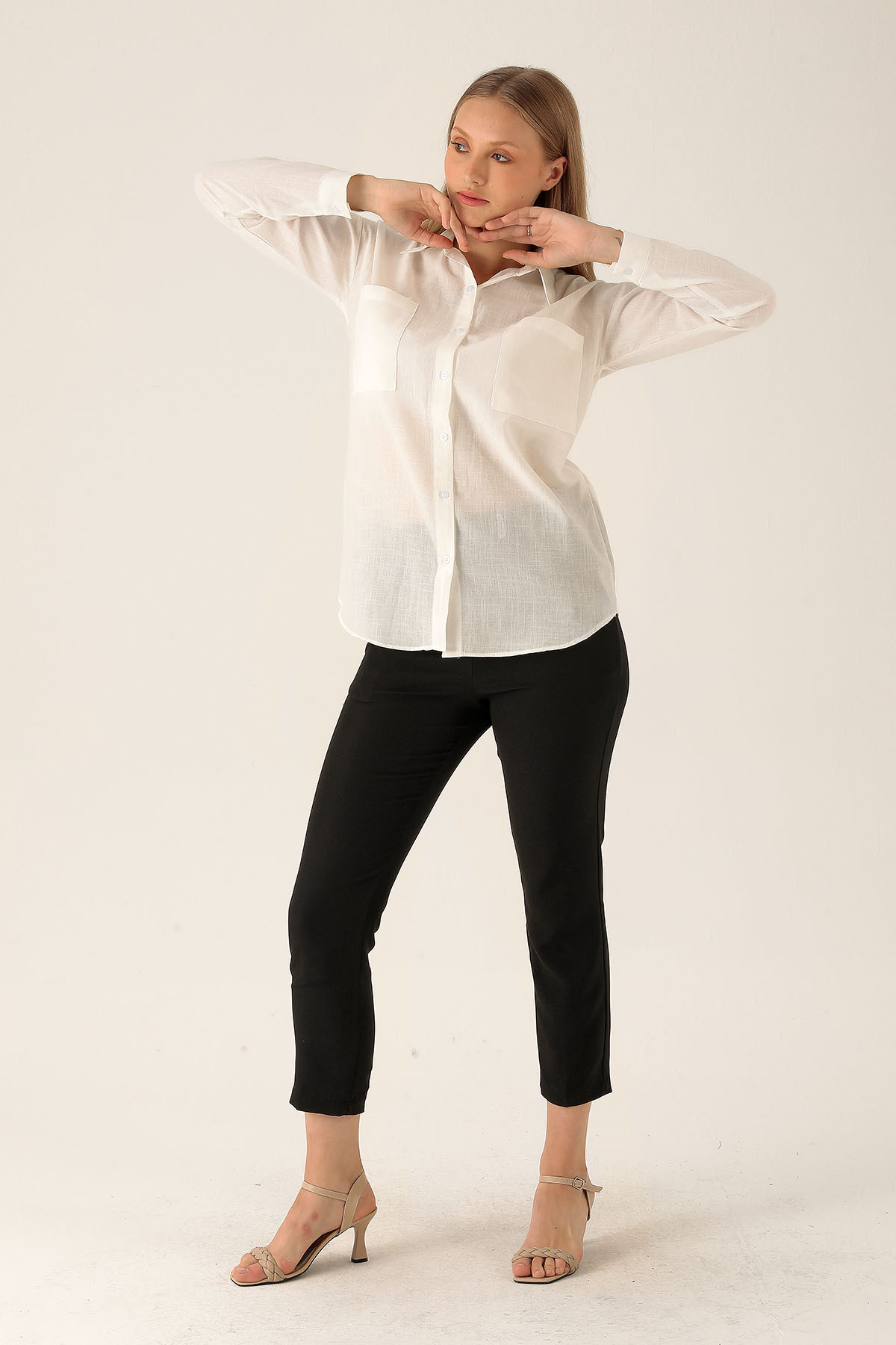 Çift Cep Keten Bayan Gömlek - 6496A Beyaz - 5