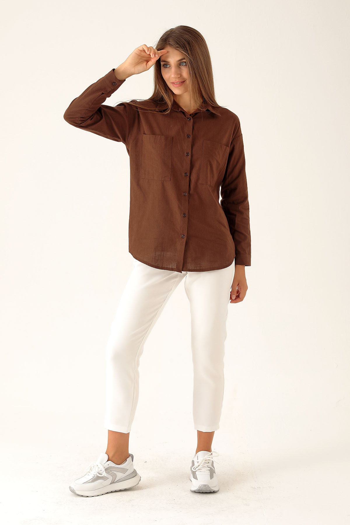Çift Cep Keten Bayan Gömlek - 6496A Kahve - 5