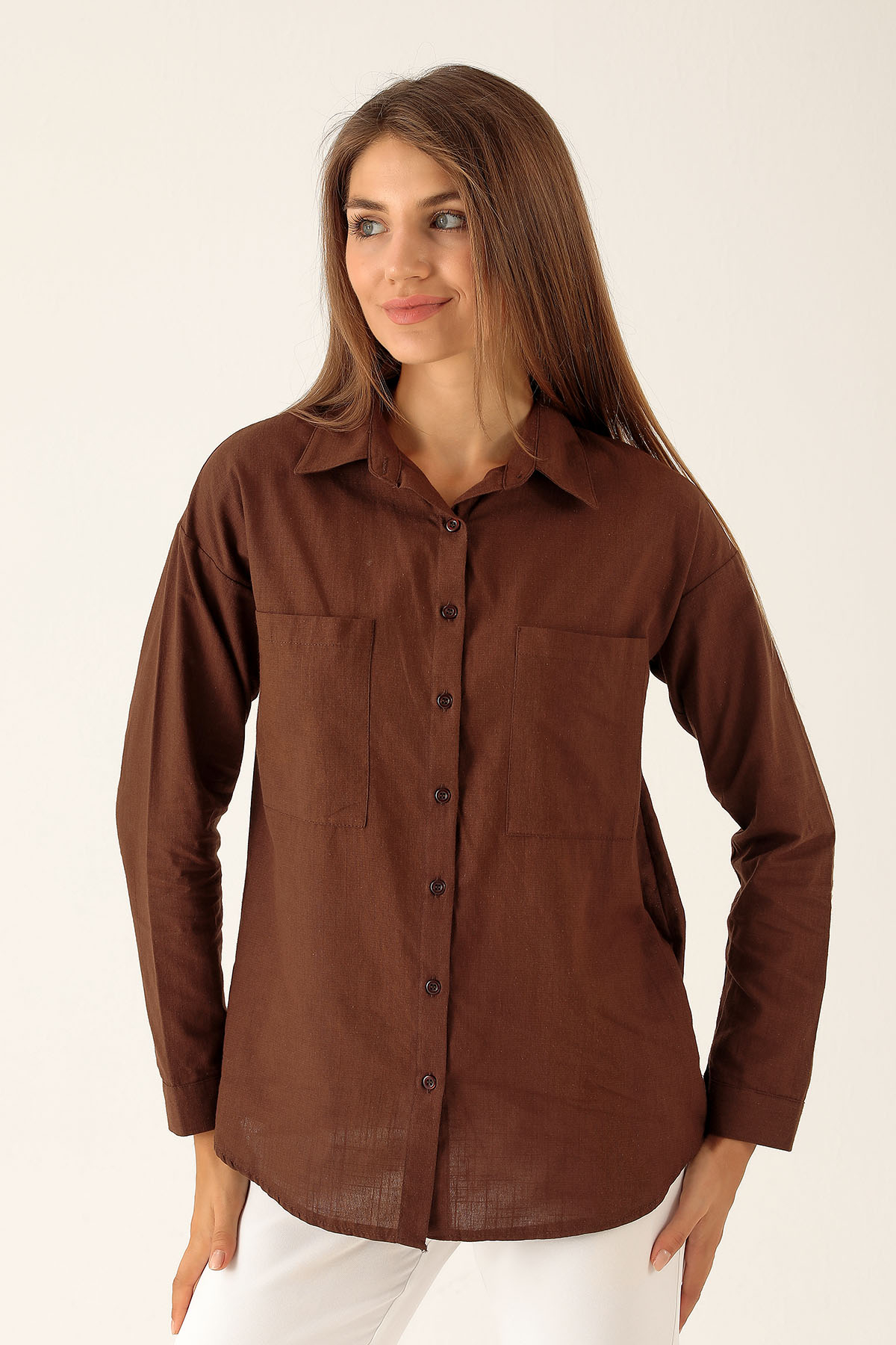 Çift Cep Keten Bayan Gömlek - 6496A Kahve 