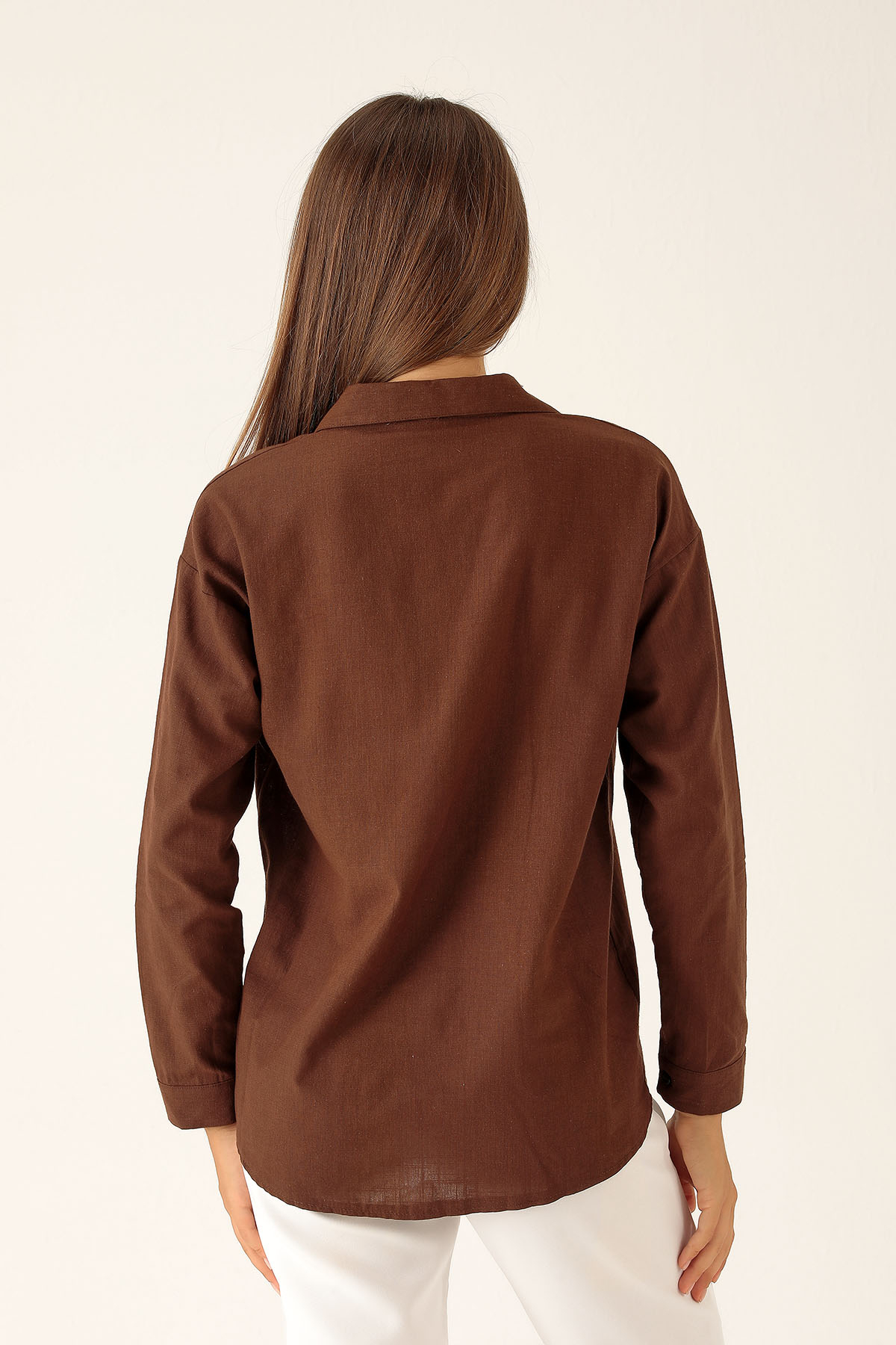 Çift Cep Keten Bayan Gömlek - 6496A Kahve - 3