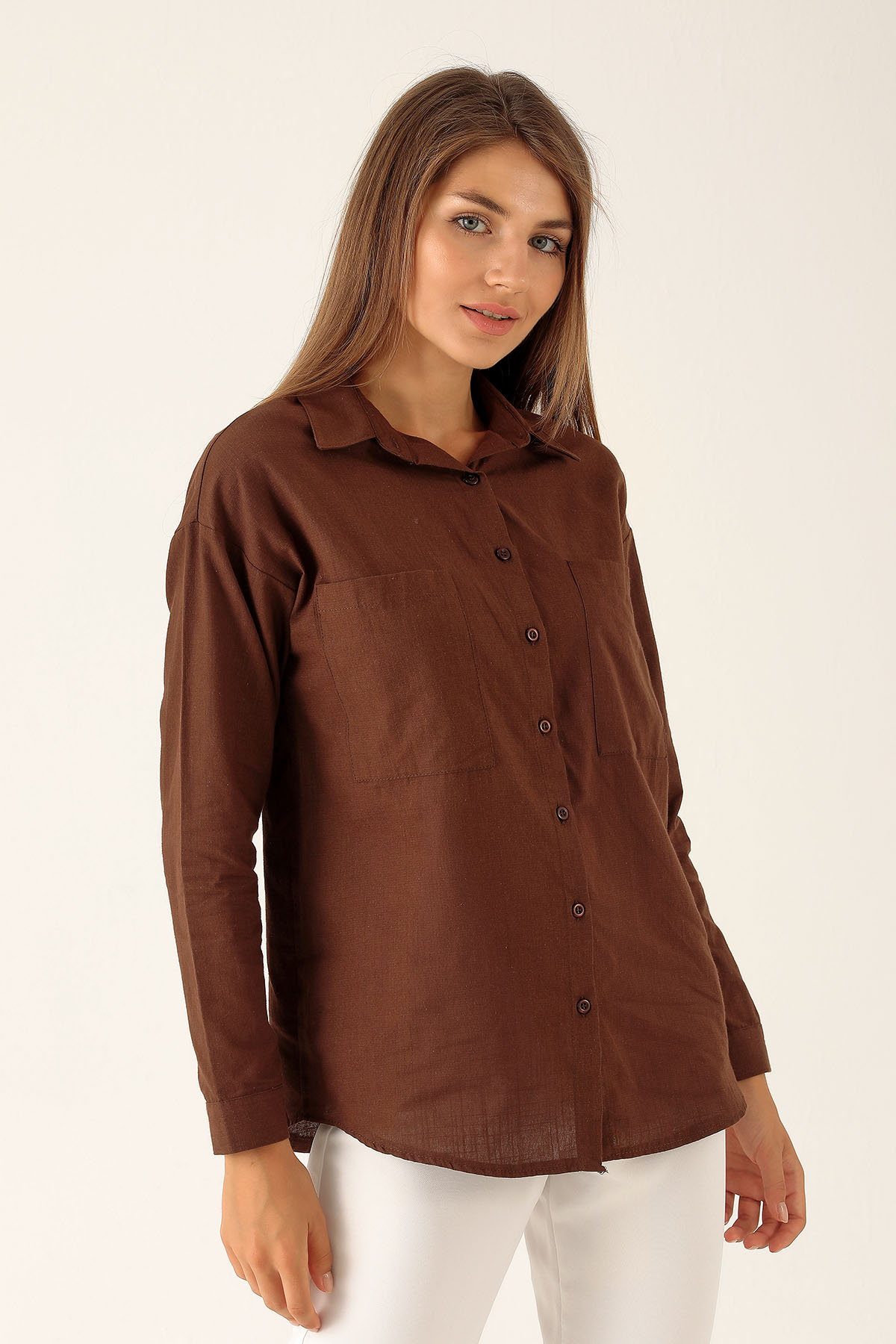 Çift Cep Keten Bayan Gömlek - 6496A Kahve - 2