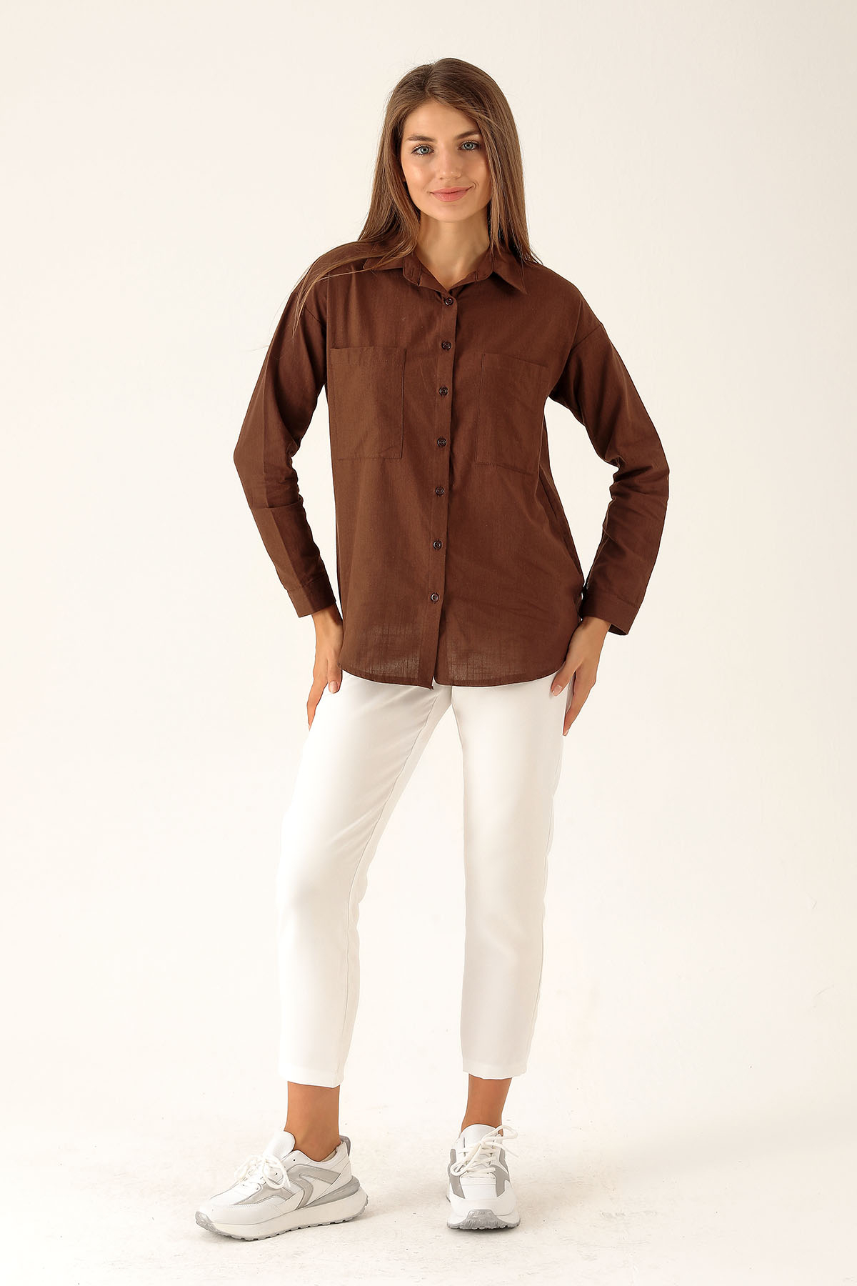 Çift Cep Keten Bayan Gömlek - 6496A Kahve - 4