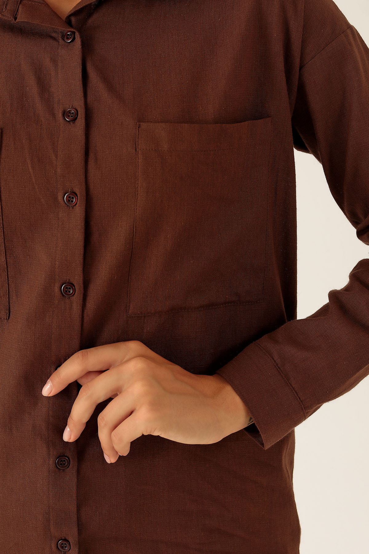 Çift Cep Keten Bayan Gömlek - 6496A Kahve - 6