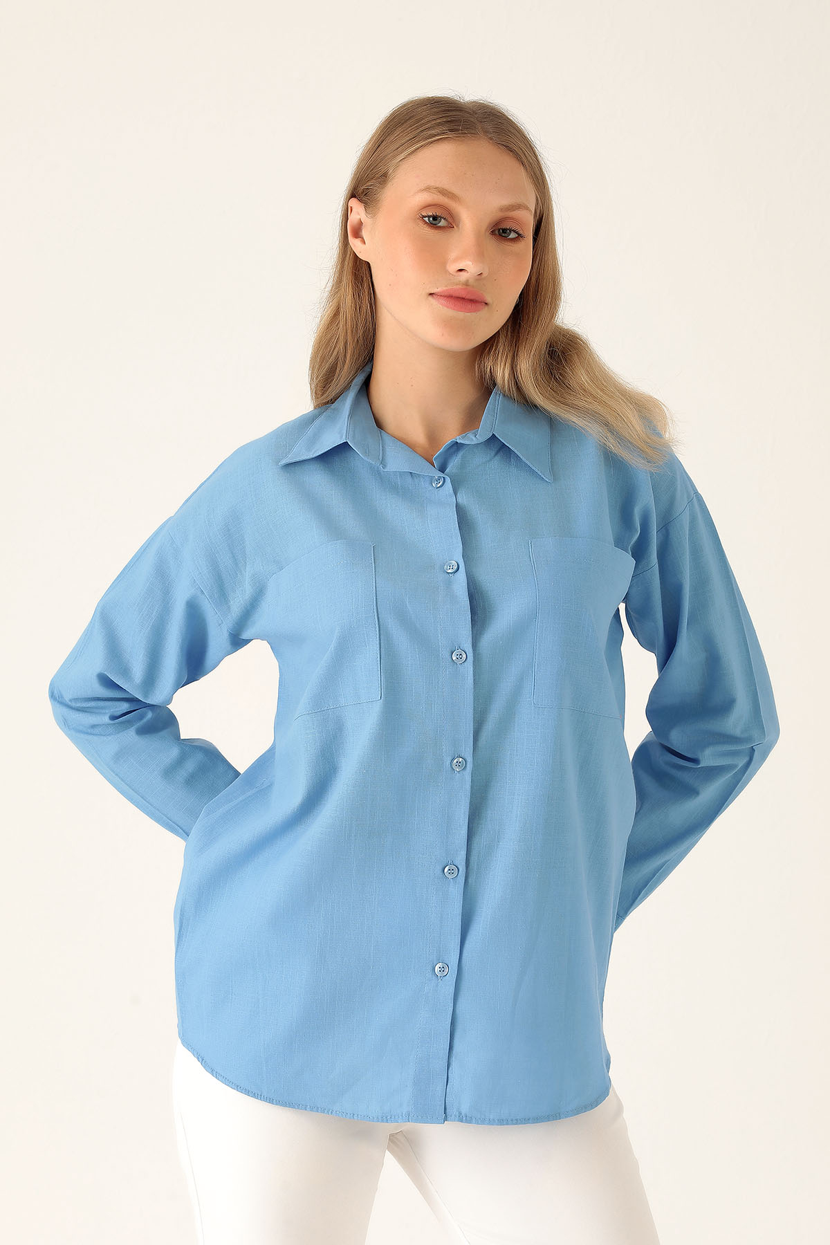 Çift Cep Keten Bayan Gömlek - 6496A Koyu Mavi - 3