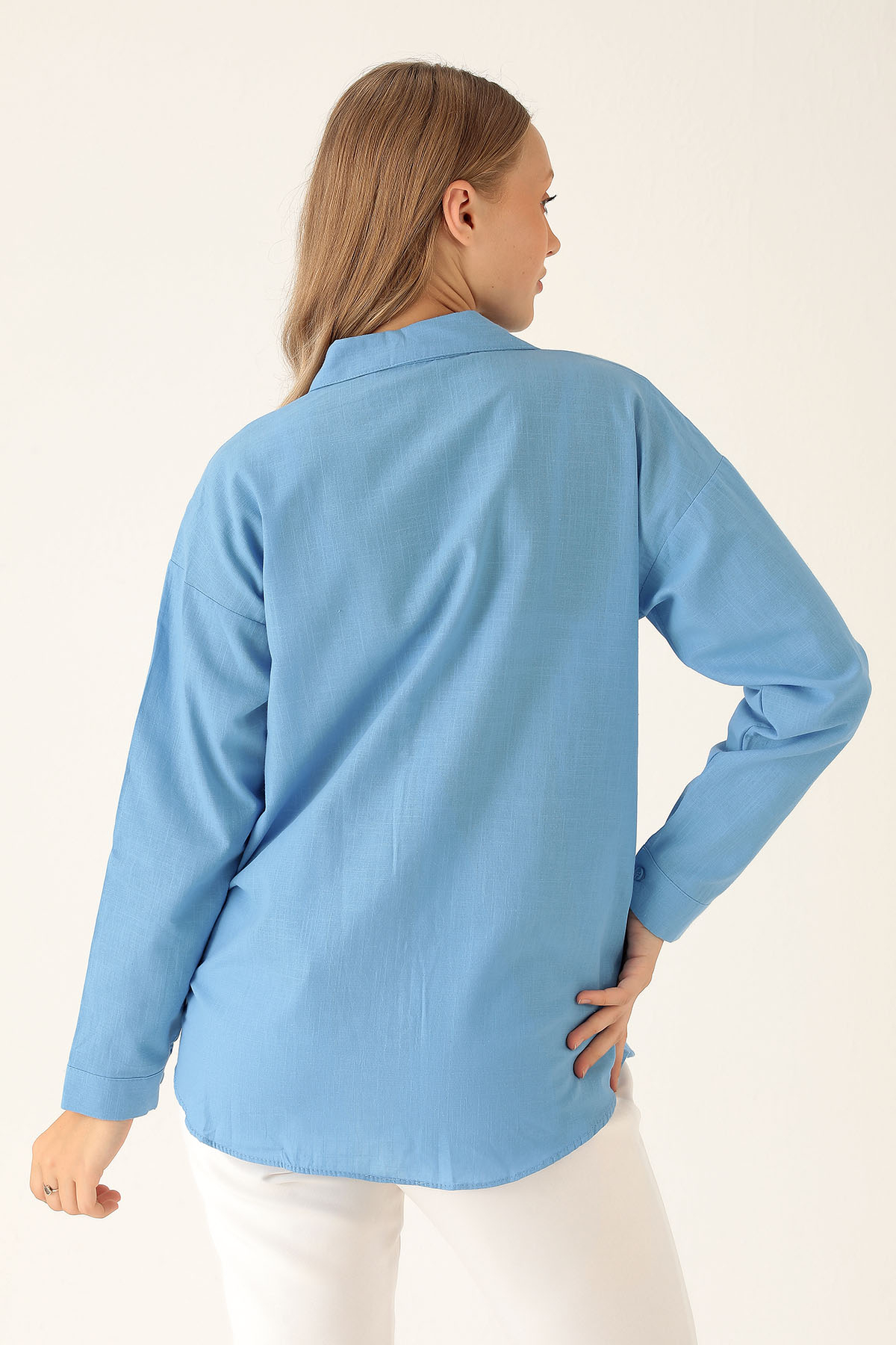 Çift Cep Keten Bayan Gömlek - 6496A Koyu Mavi - 4