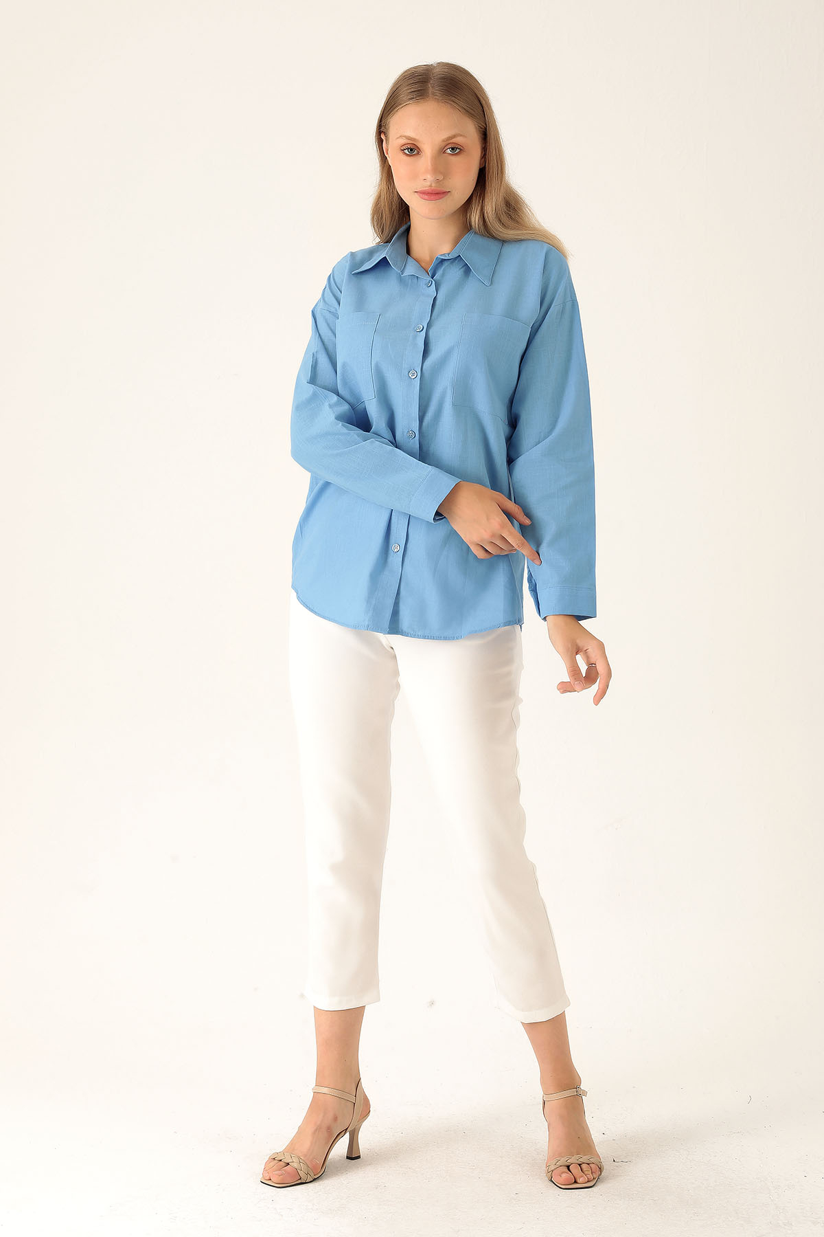 Çift Cep Keten Bayan Gömlek - 6496A Koyu Mavi - 5