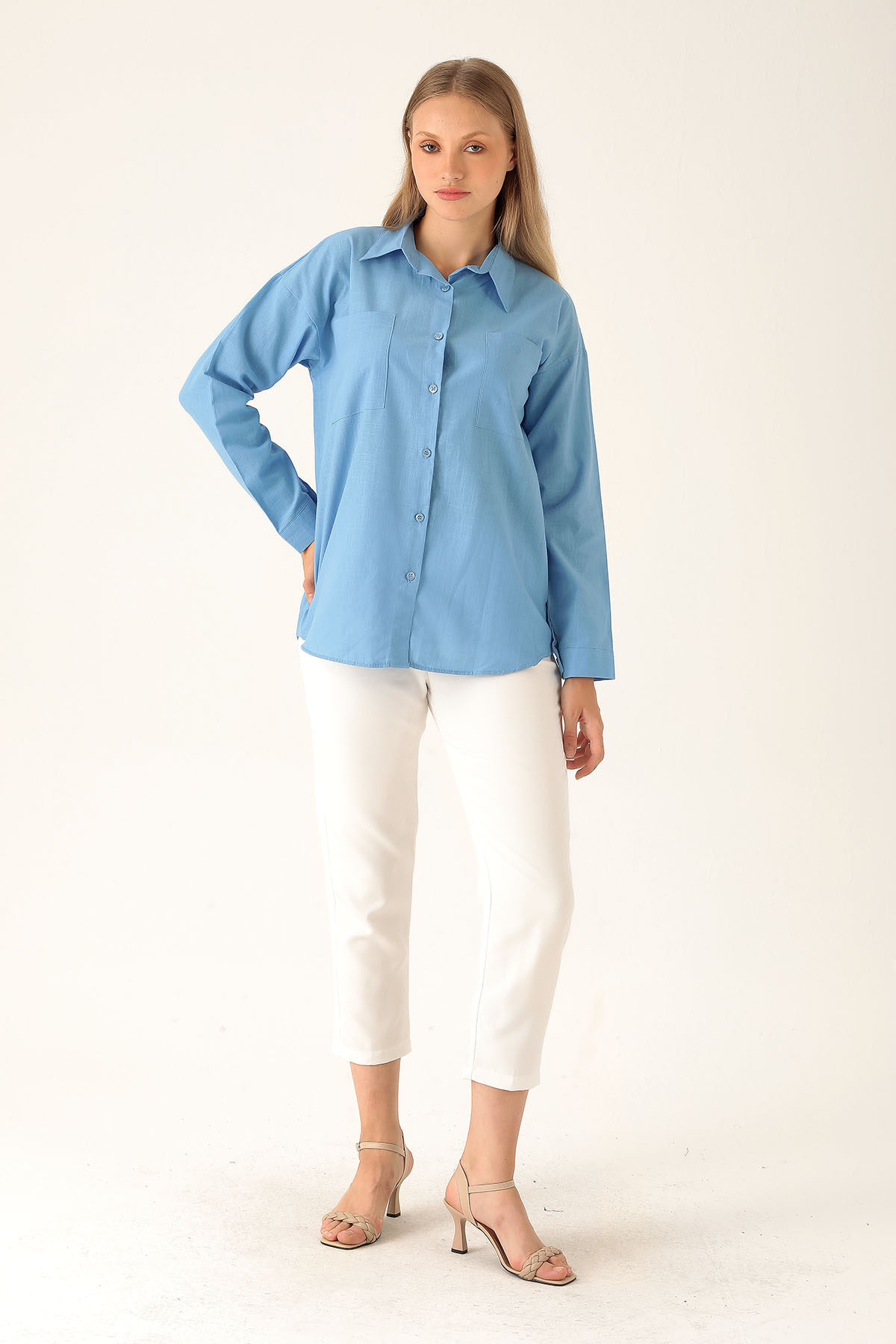 Çift Cep Keten Bayan Gömlek - 6496A Koyu Mavi 