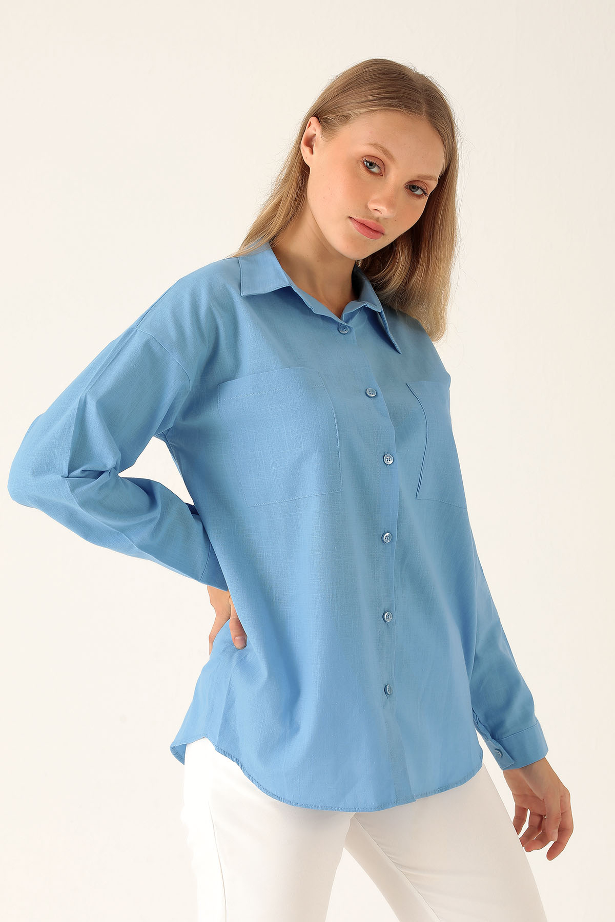 Çift Cep Keten Bayan Gömlek - 6496A Koyu Mavi - 2