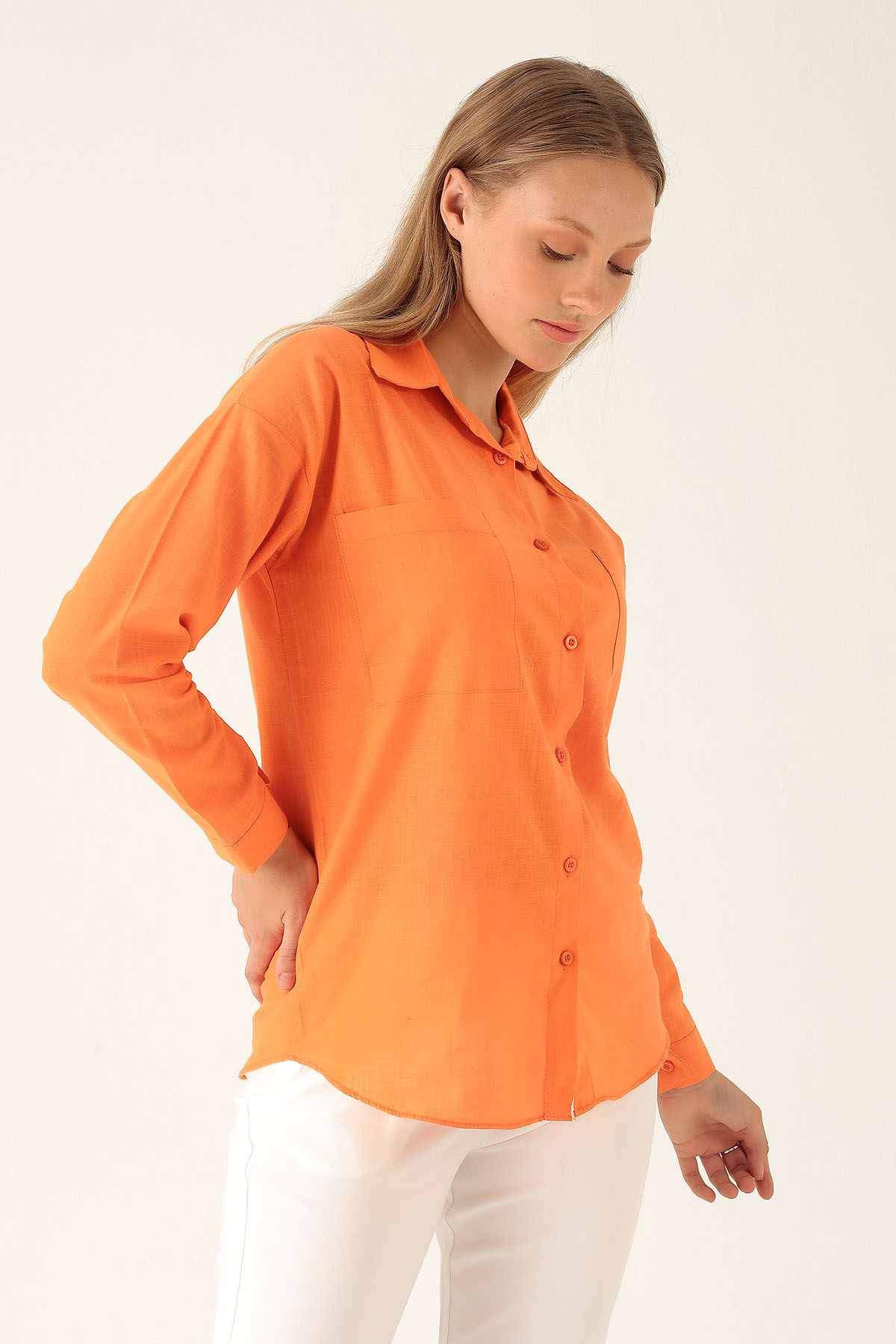 Çift Cep Keten Bayan Gömlek - 6496A Orange - 2