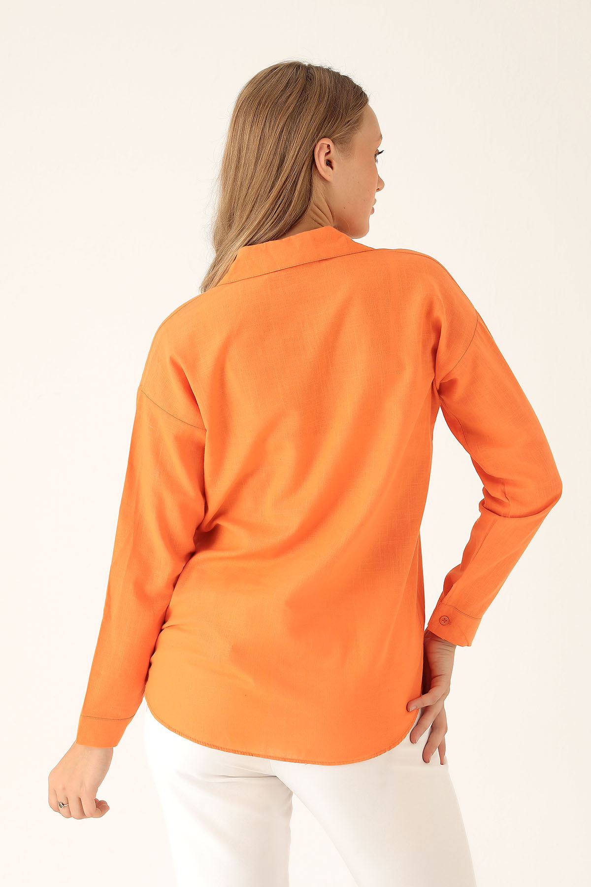 Çift Cep Keten Bayan Gömlek - 6496A Orange - 3